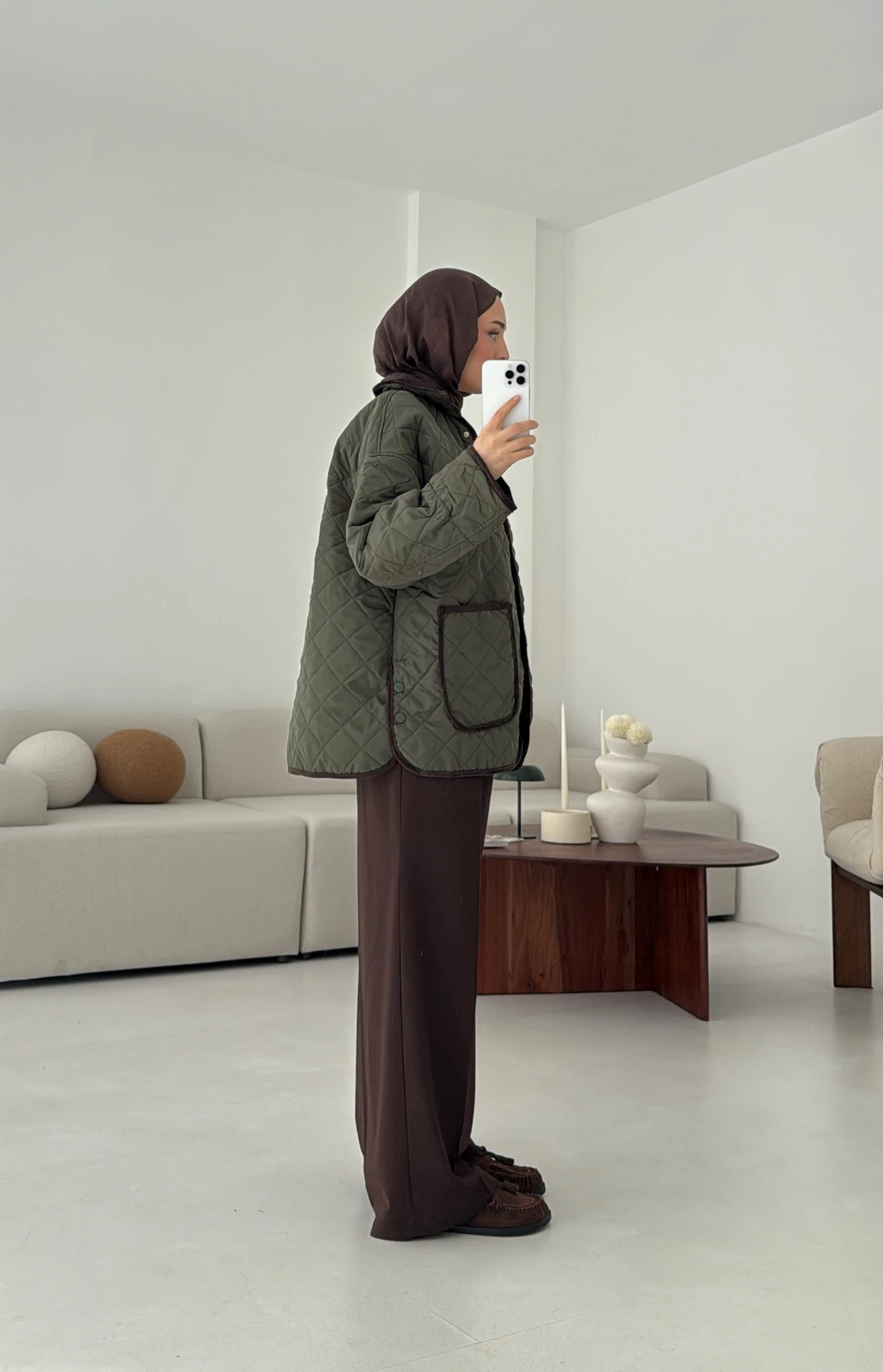 Kapitone Kadife Geçişli Ceket Haki