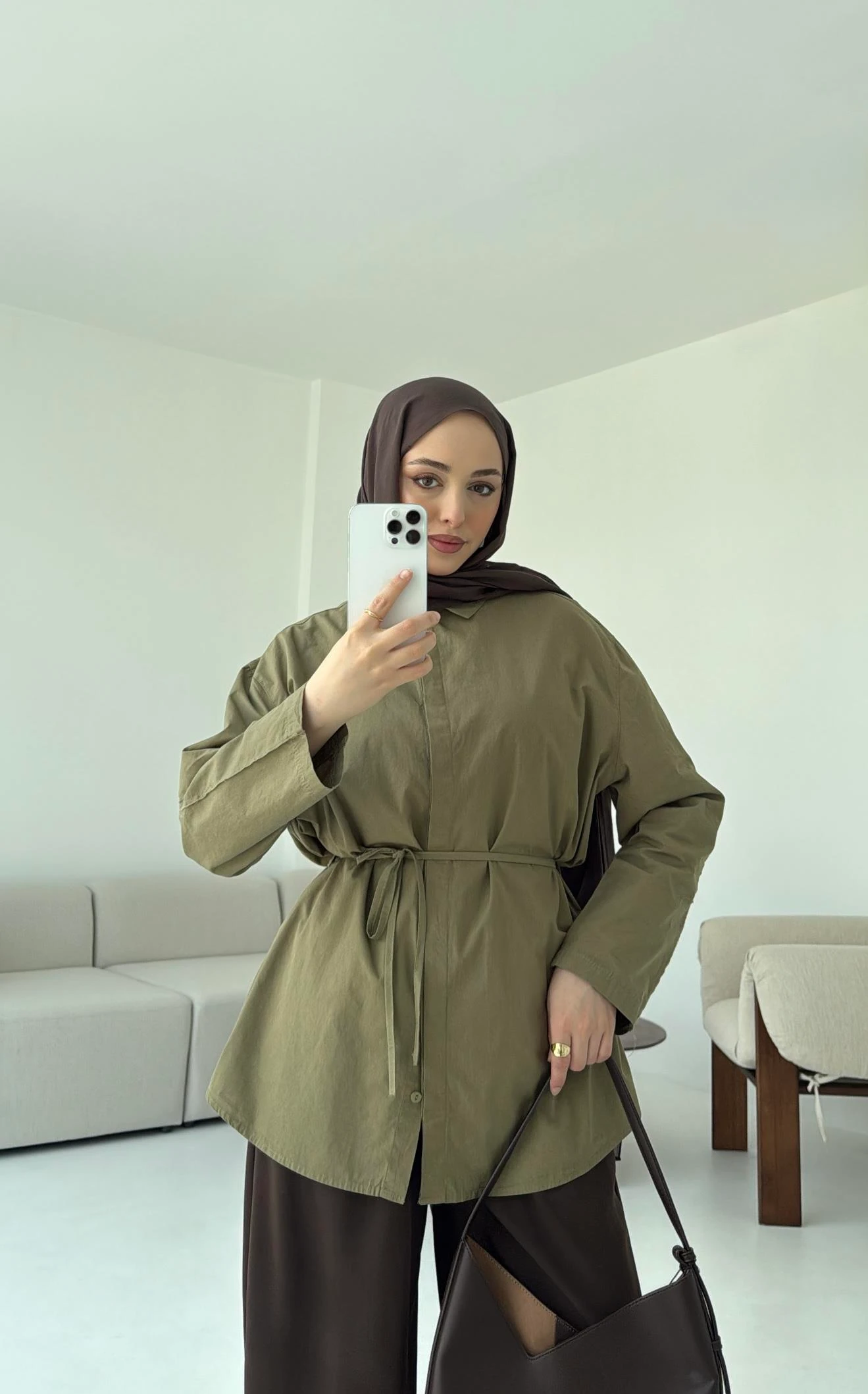 Kolları Pis Dikiş Kemerli Gömlek Haki