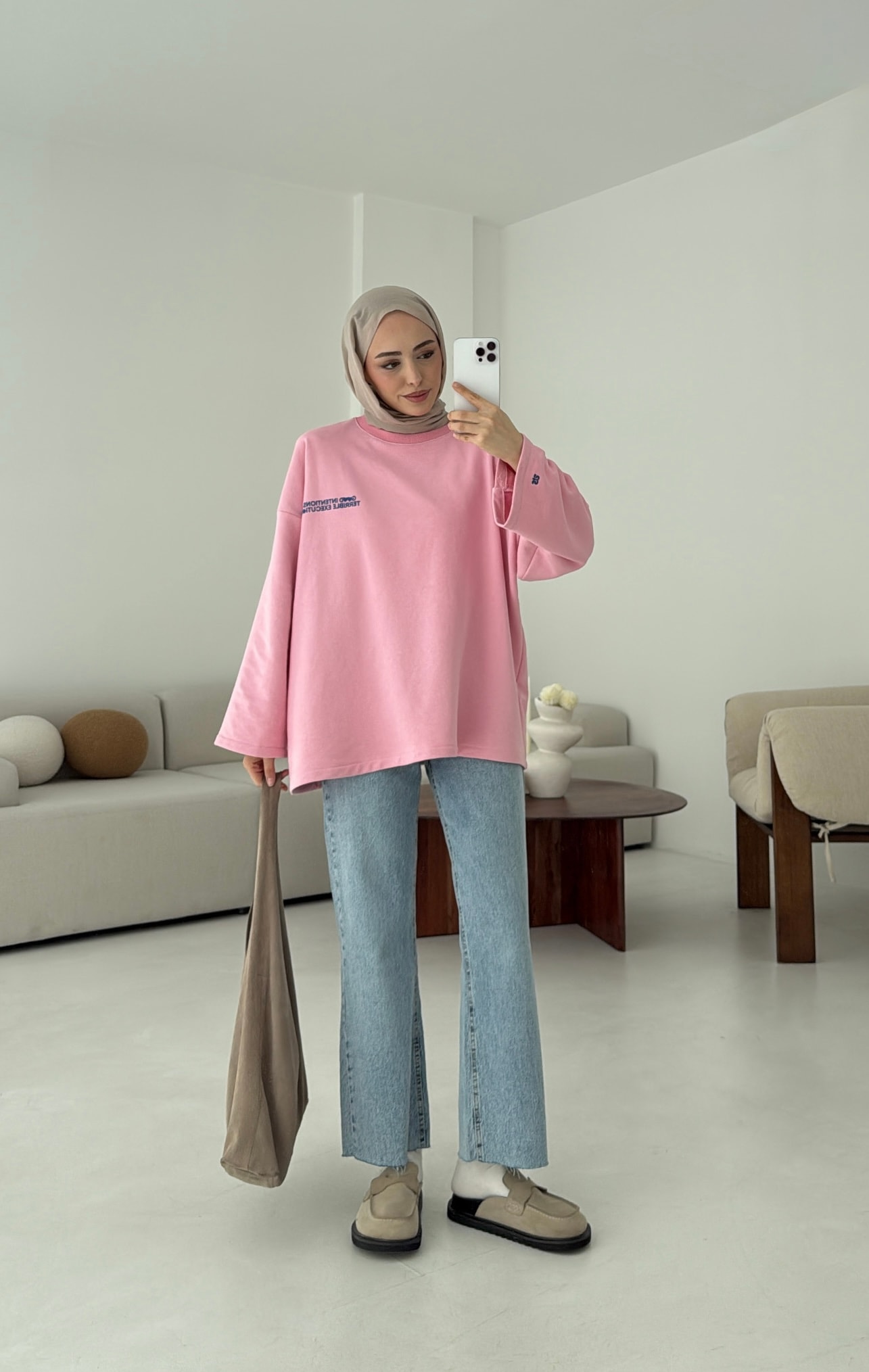 Nakışlı Oversize Sweatshirt Pembe