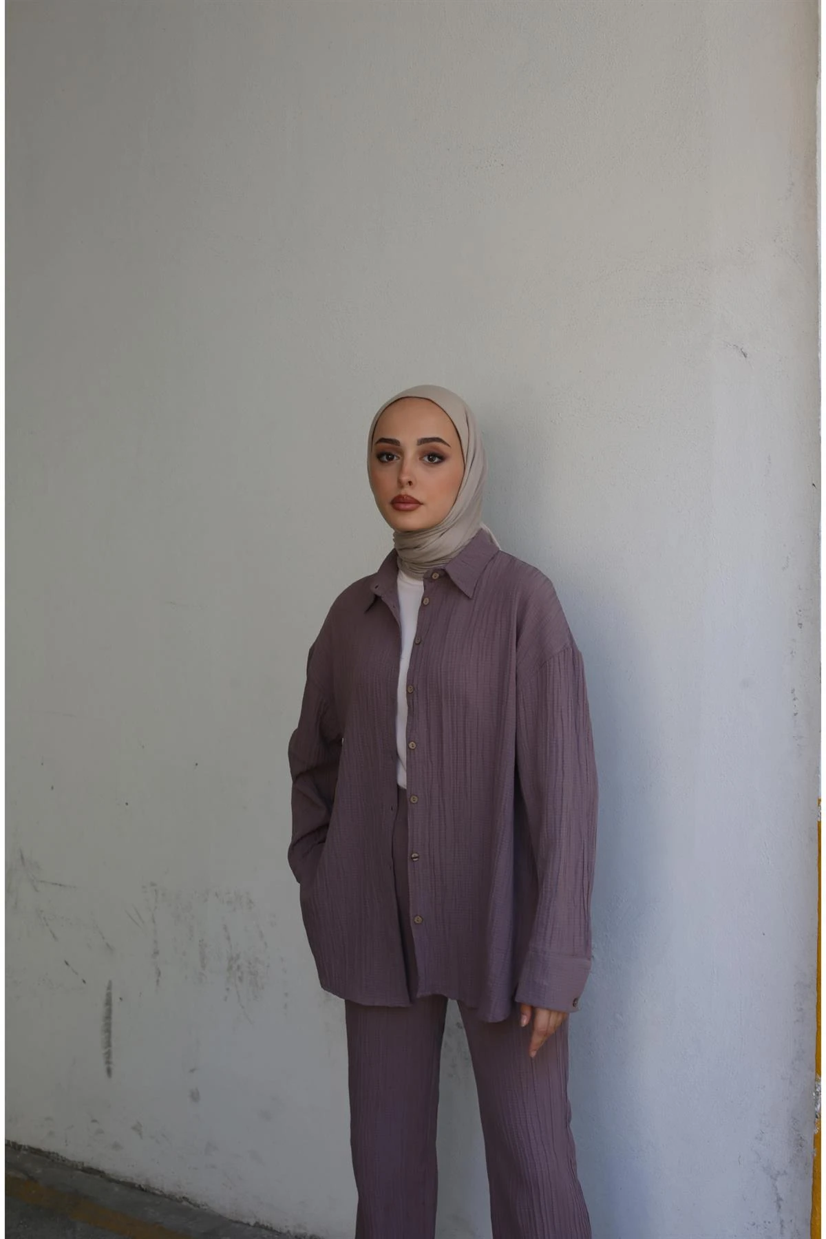 Gofre Gömlek Pantolon Takım Gül Kurusu