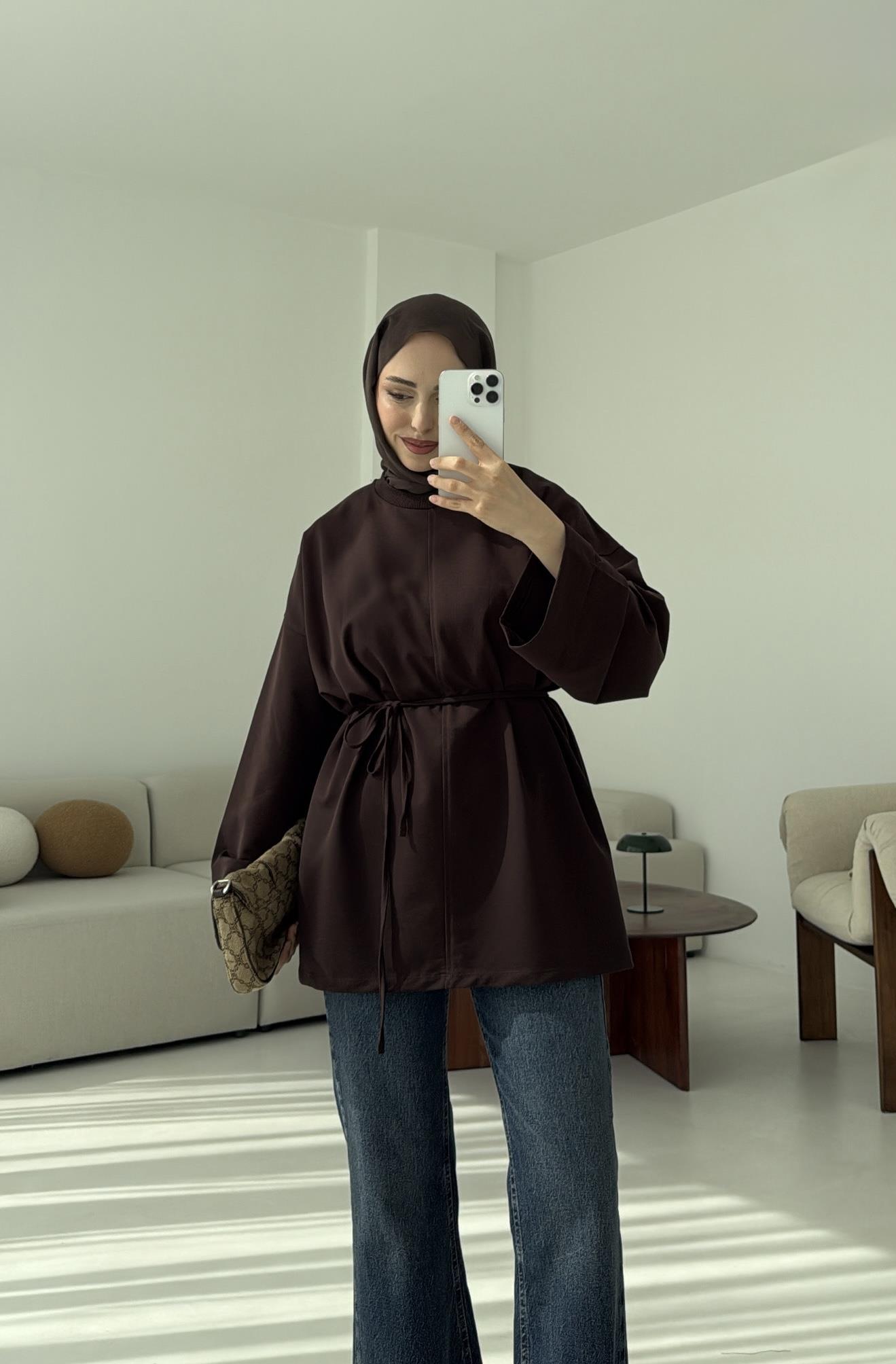 Bağlamalı Yanı Yırtmaç Detay Sweat Kahve