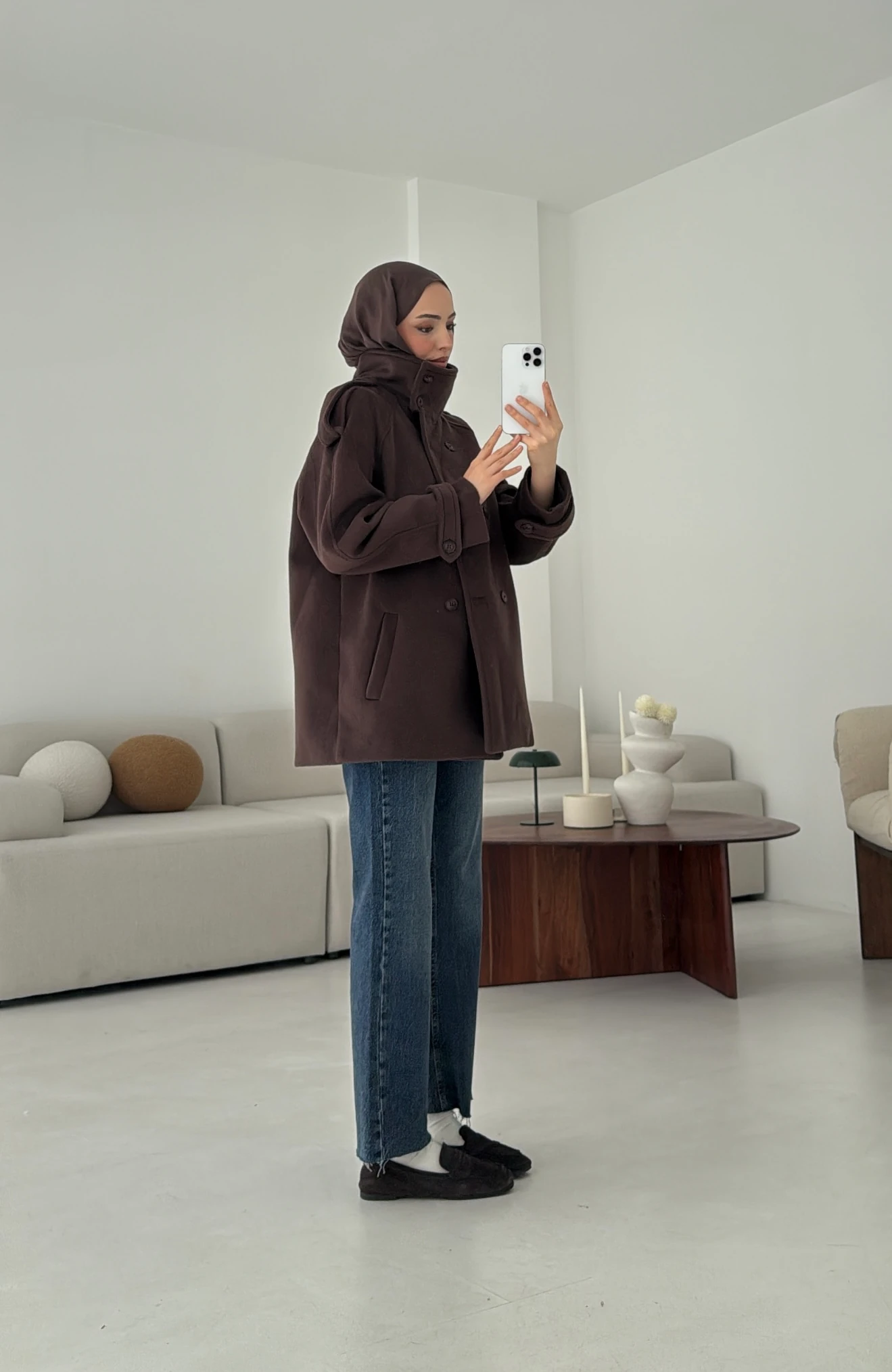 Kuşaklı Oversize Kaşe Kaban Kahve