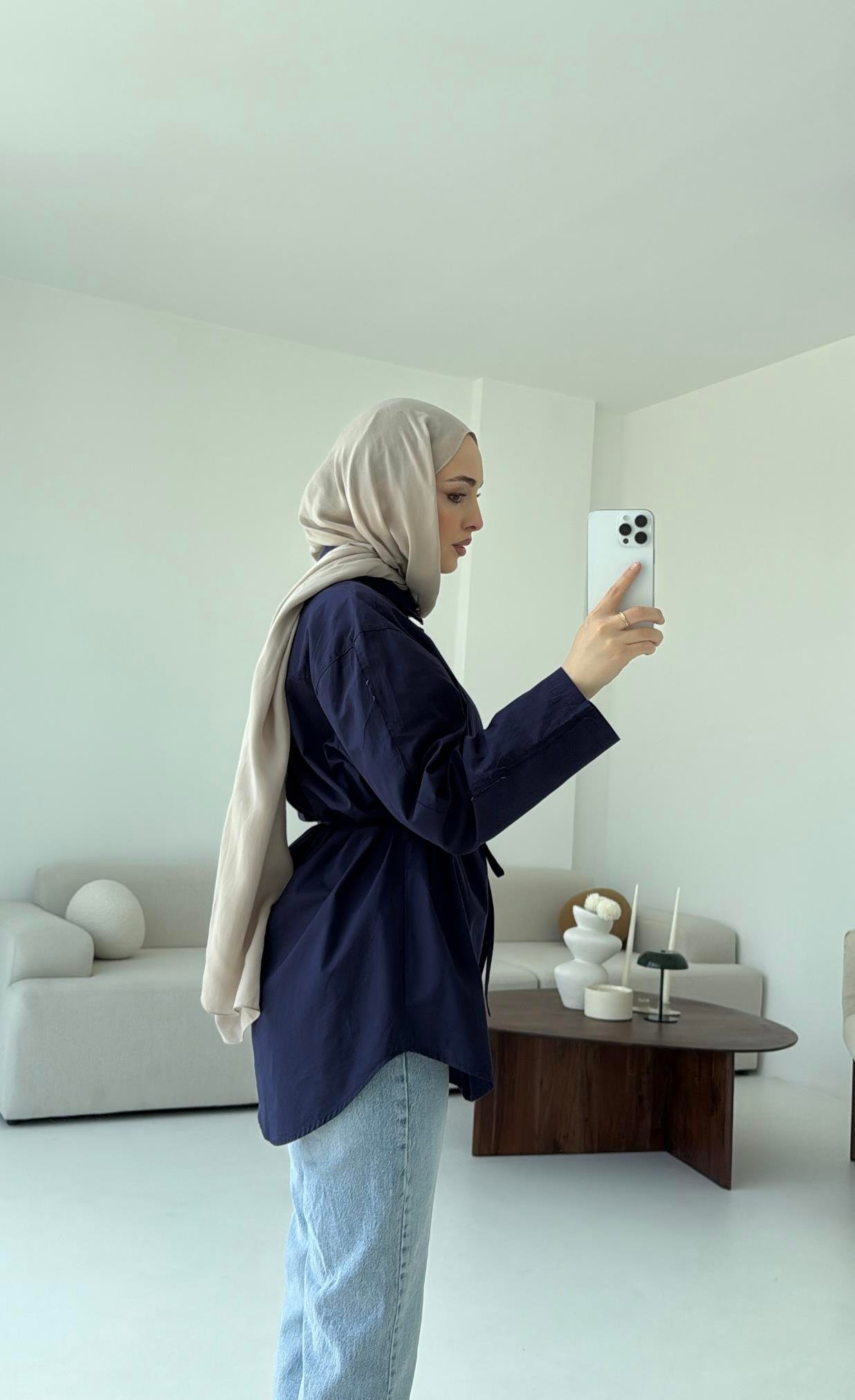 Kolları Pis Dikiş Kemerli Gömlek Lacivert