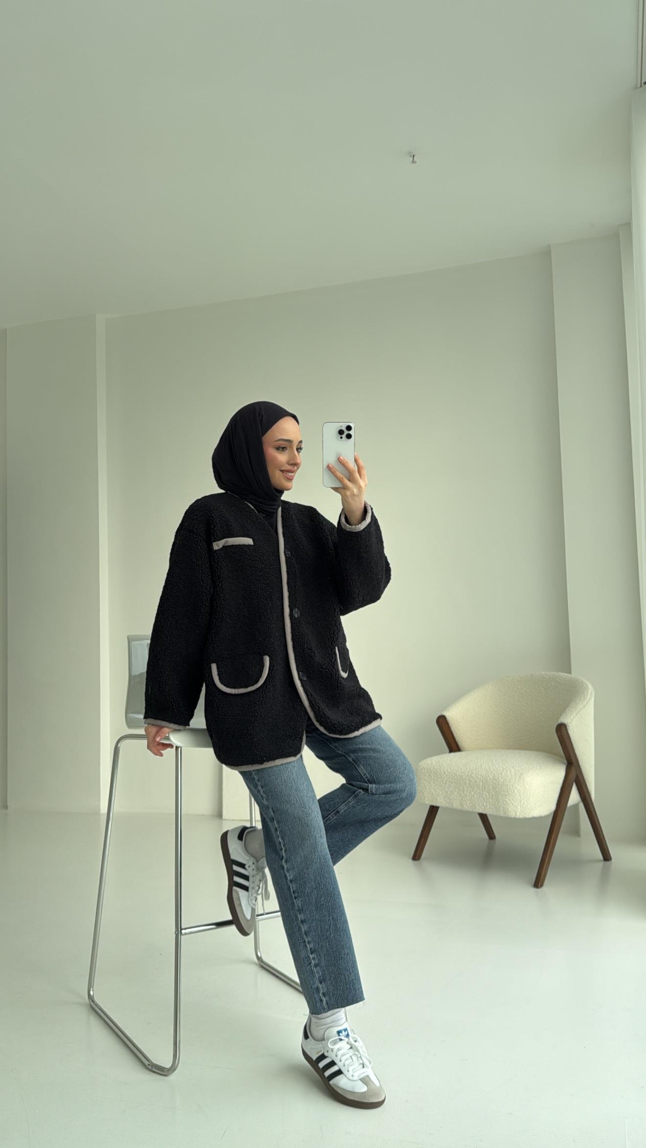 Düğmeli Oversize Teddy Ceket Siyah