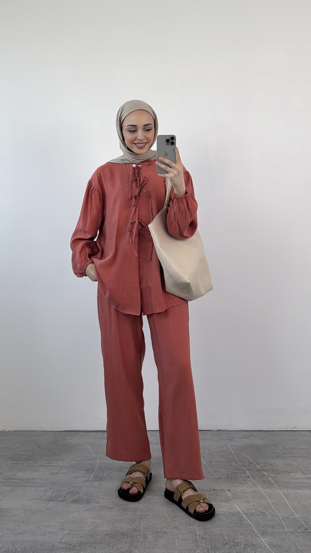Tencel Önden Bağlamalı Kimonolu Takım  Kiremit