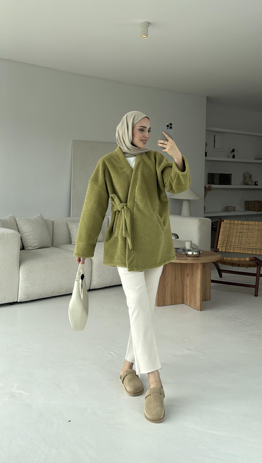 Yandan Bağlamalı Peluş Mont Yeşil