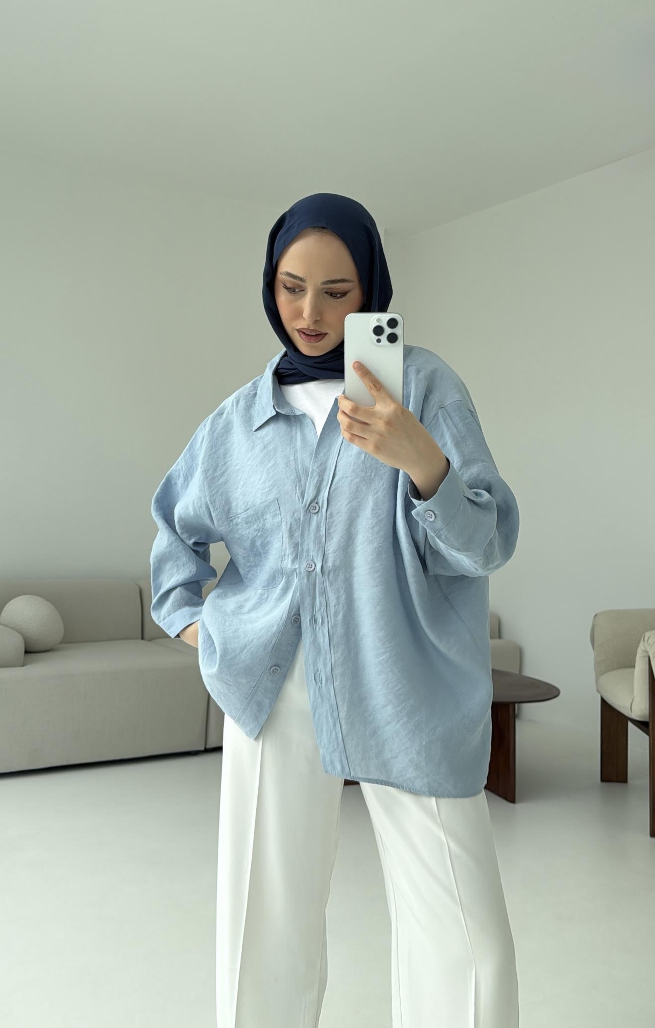 Düşük Omuz Oversize Gömlek Mavi