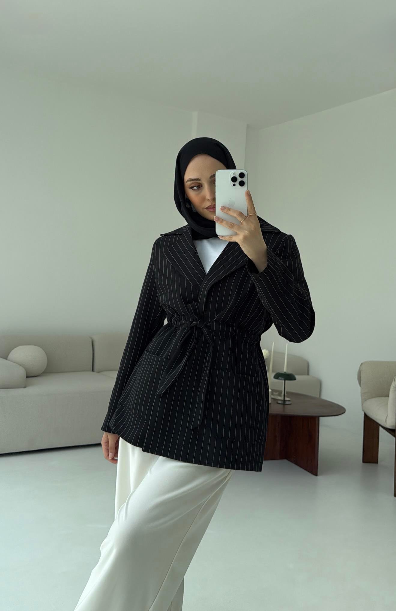 Bağlamalı Siyah Çizgili Blazer Ceket