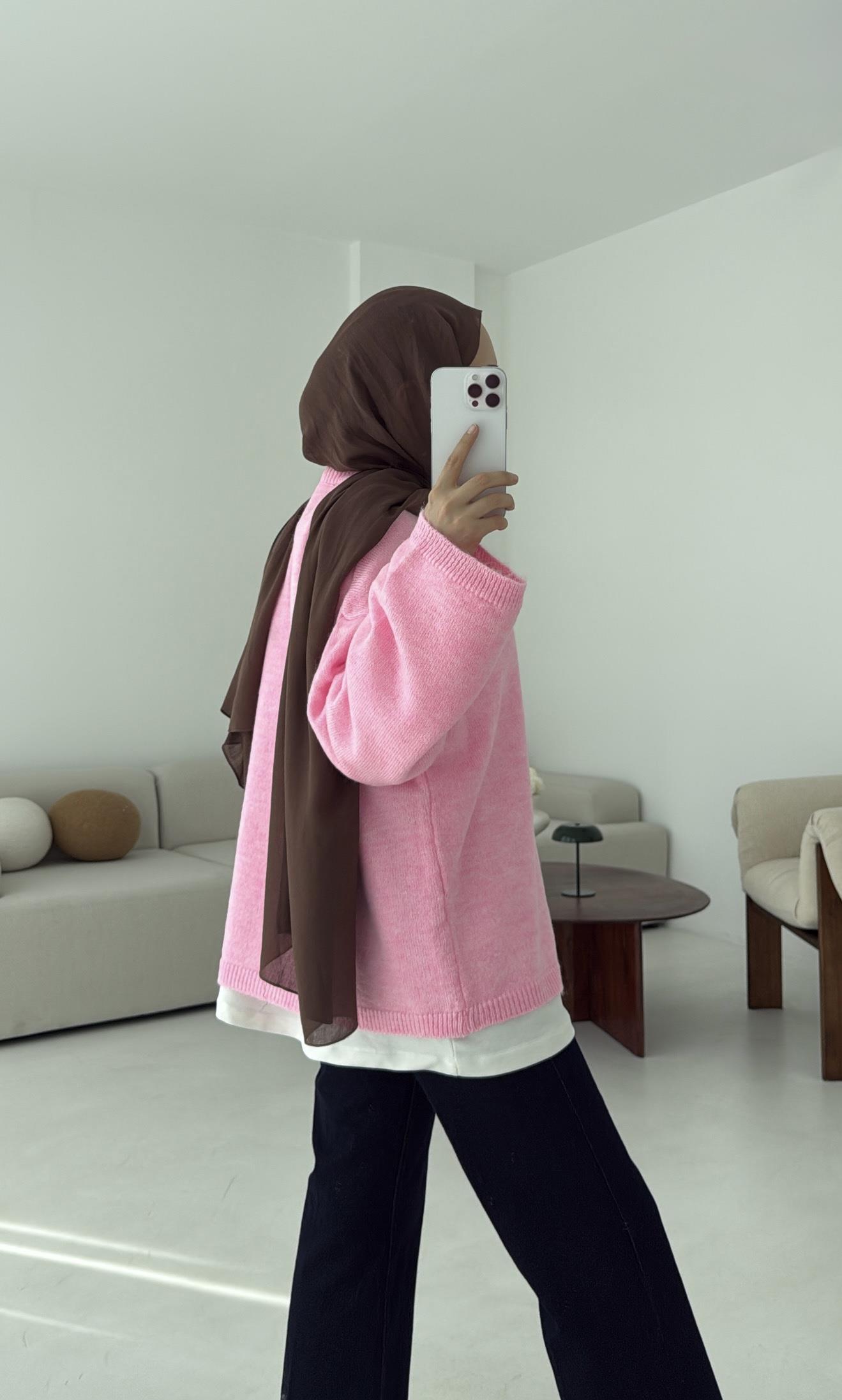 Geniş Kol Basıc Kazak Pembe