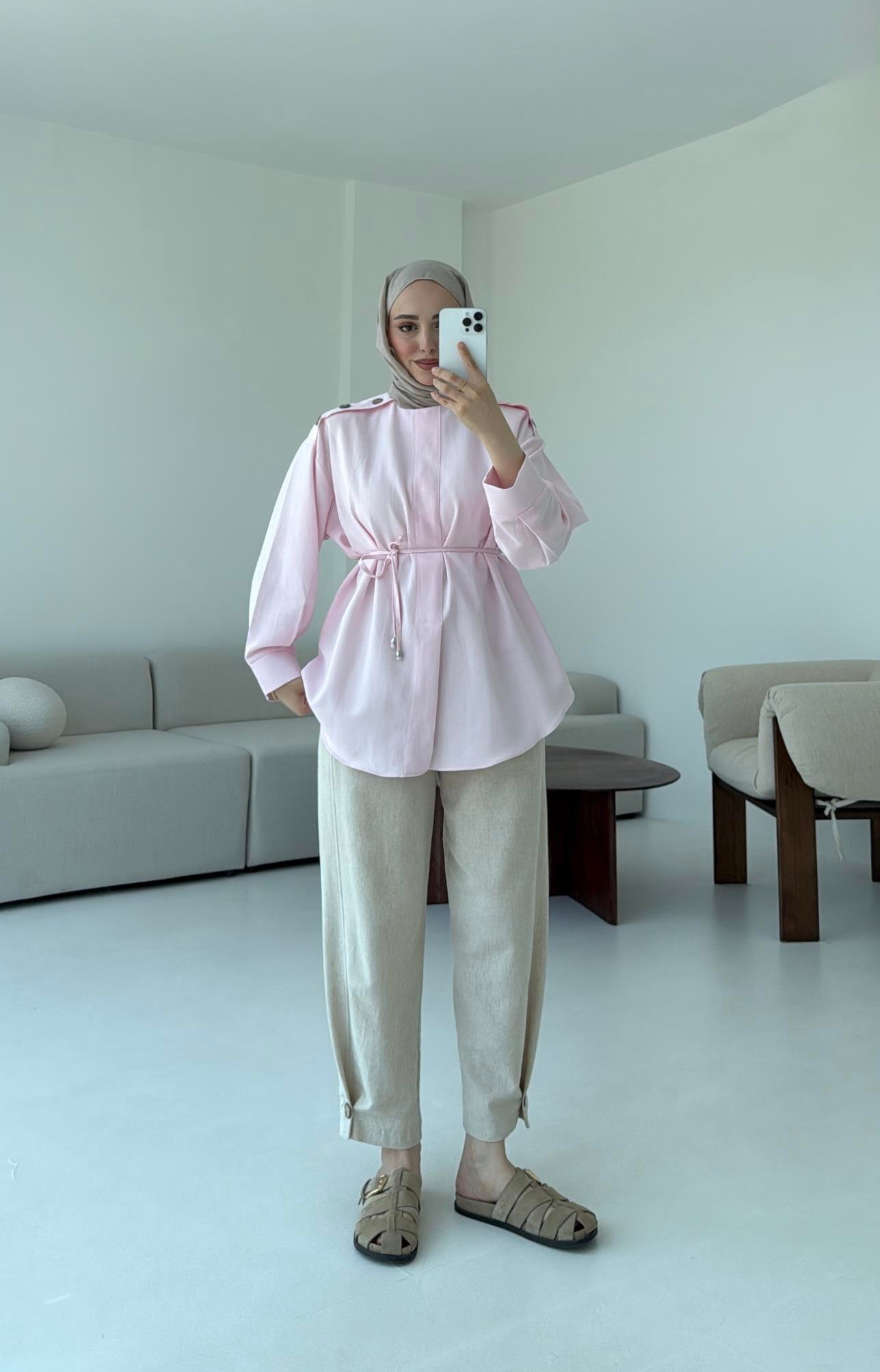Bağlamalı Keten Bluz Pembe
