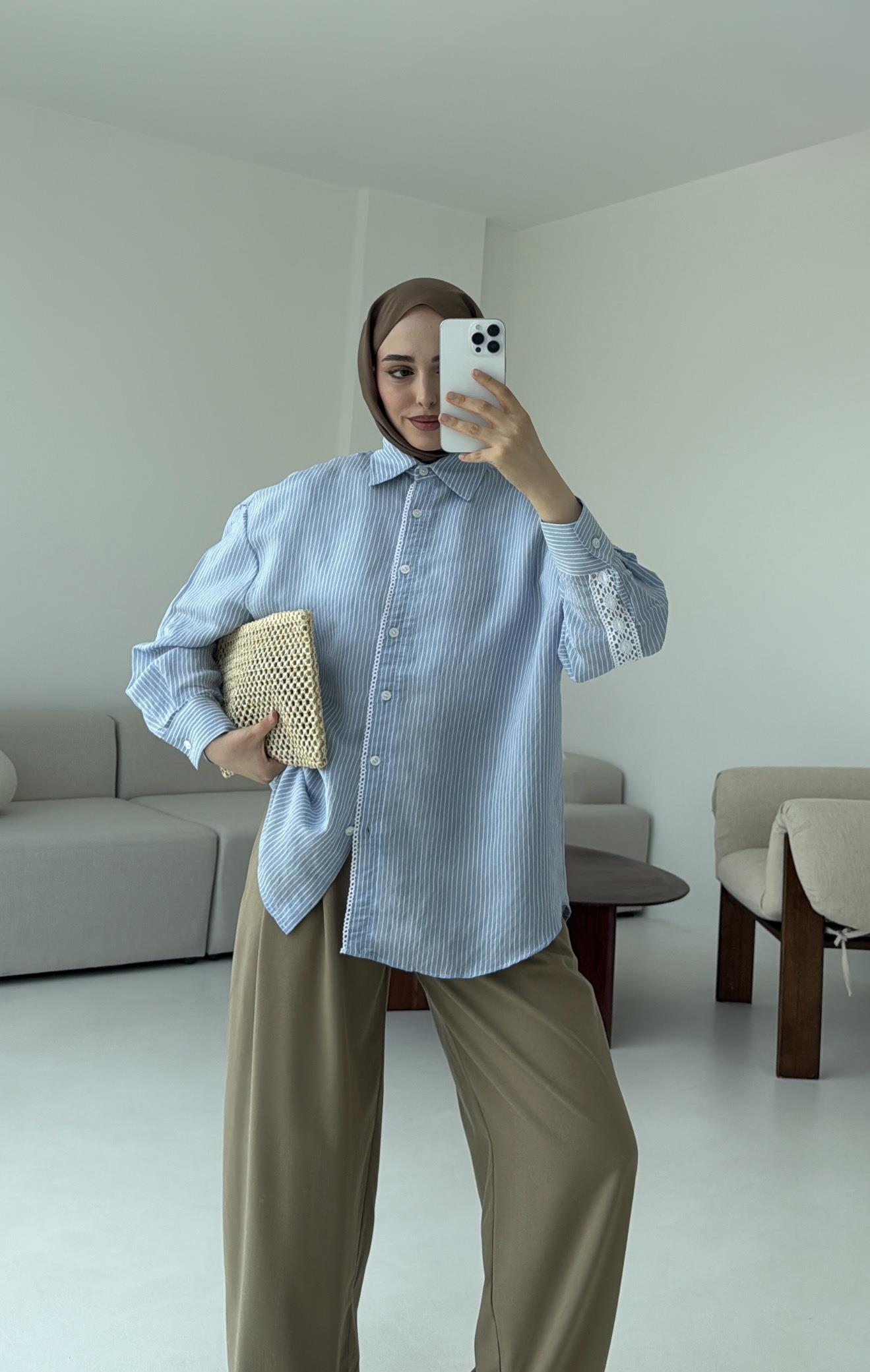 Çizgili Dantel Detay Gömlek Mavi