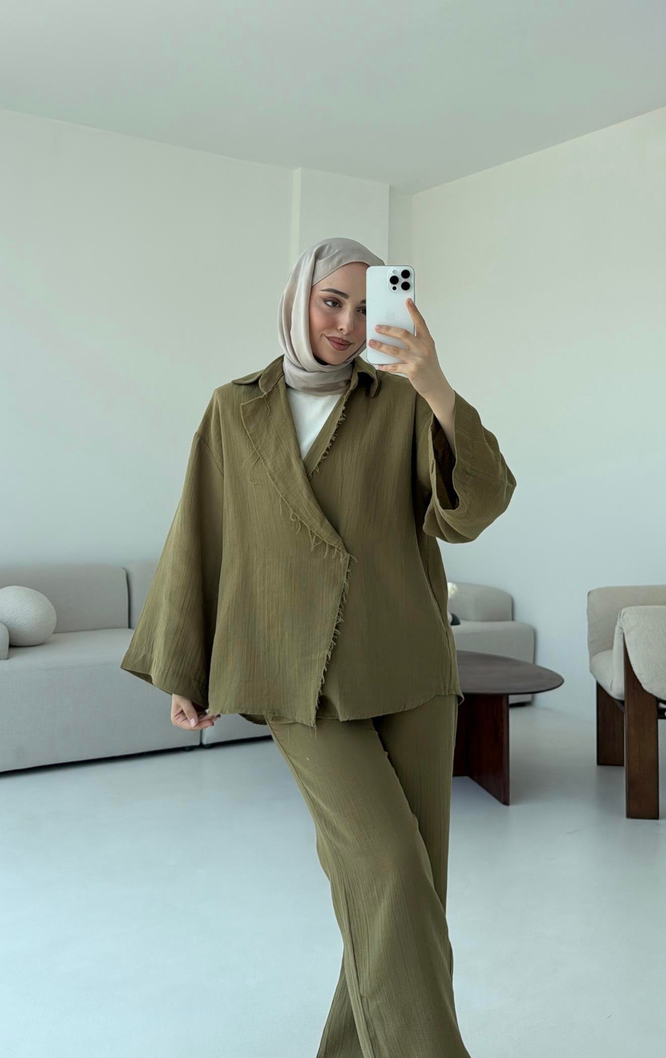 Müslin Düğmeli Kimono Takım Yeşil