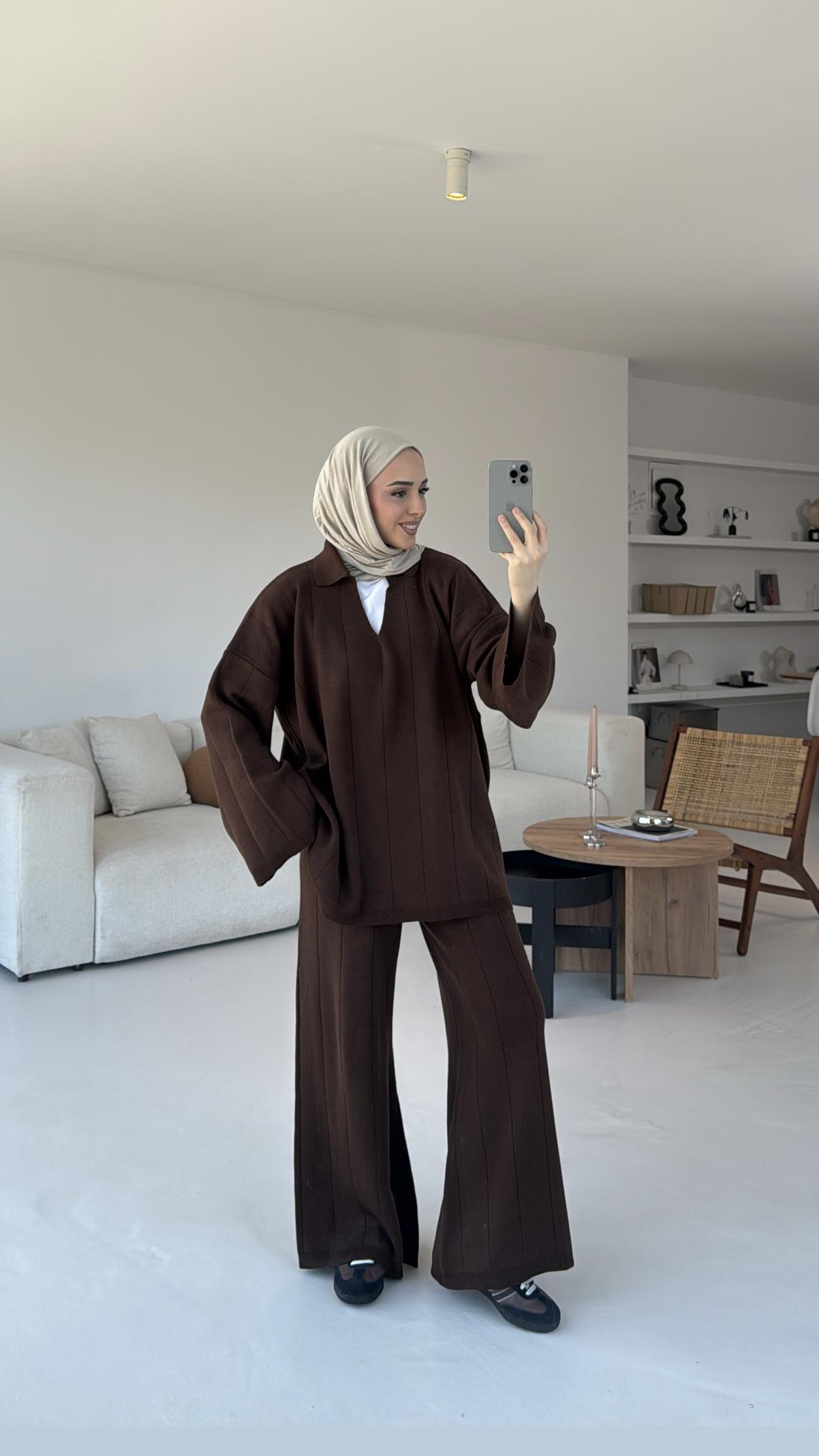 Düz Fitilli Triko Takım Kahve