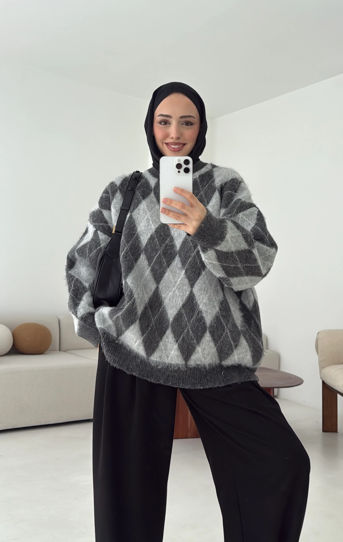 Baklava Desen Şardonlu Kazak Gri