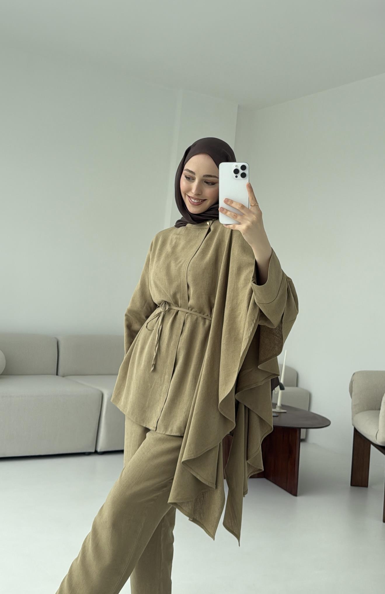 Volanlı Kimono Takım Olive