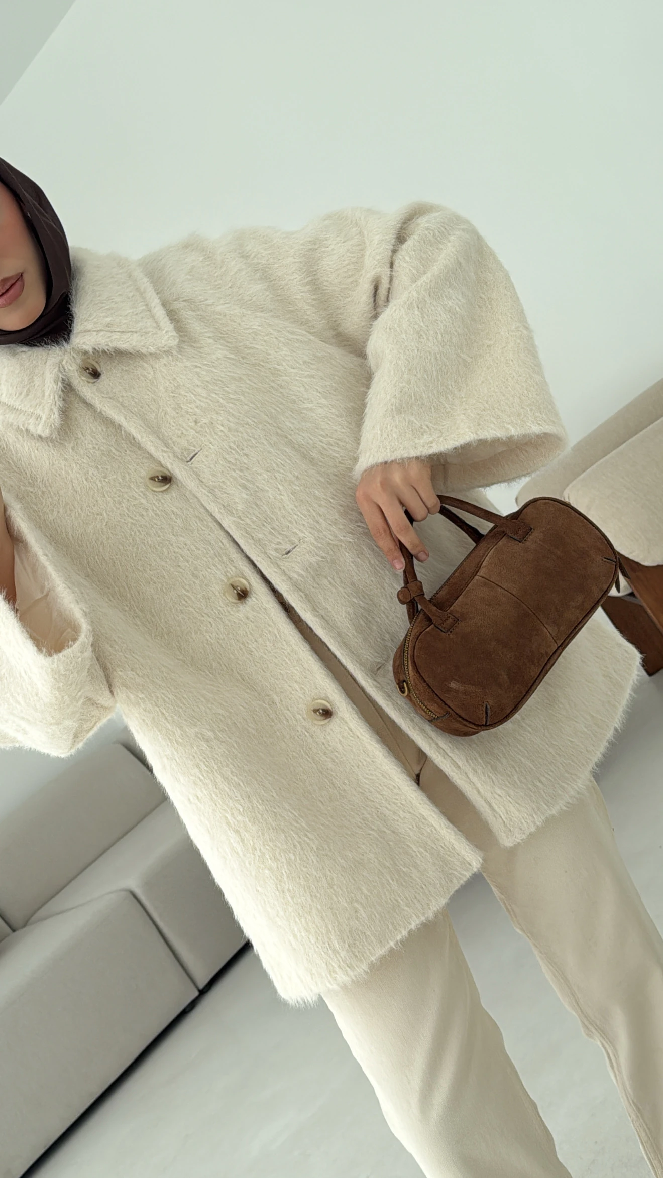 Mohair Reglan Kol Kaban Krem