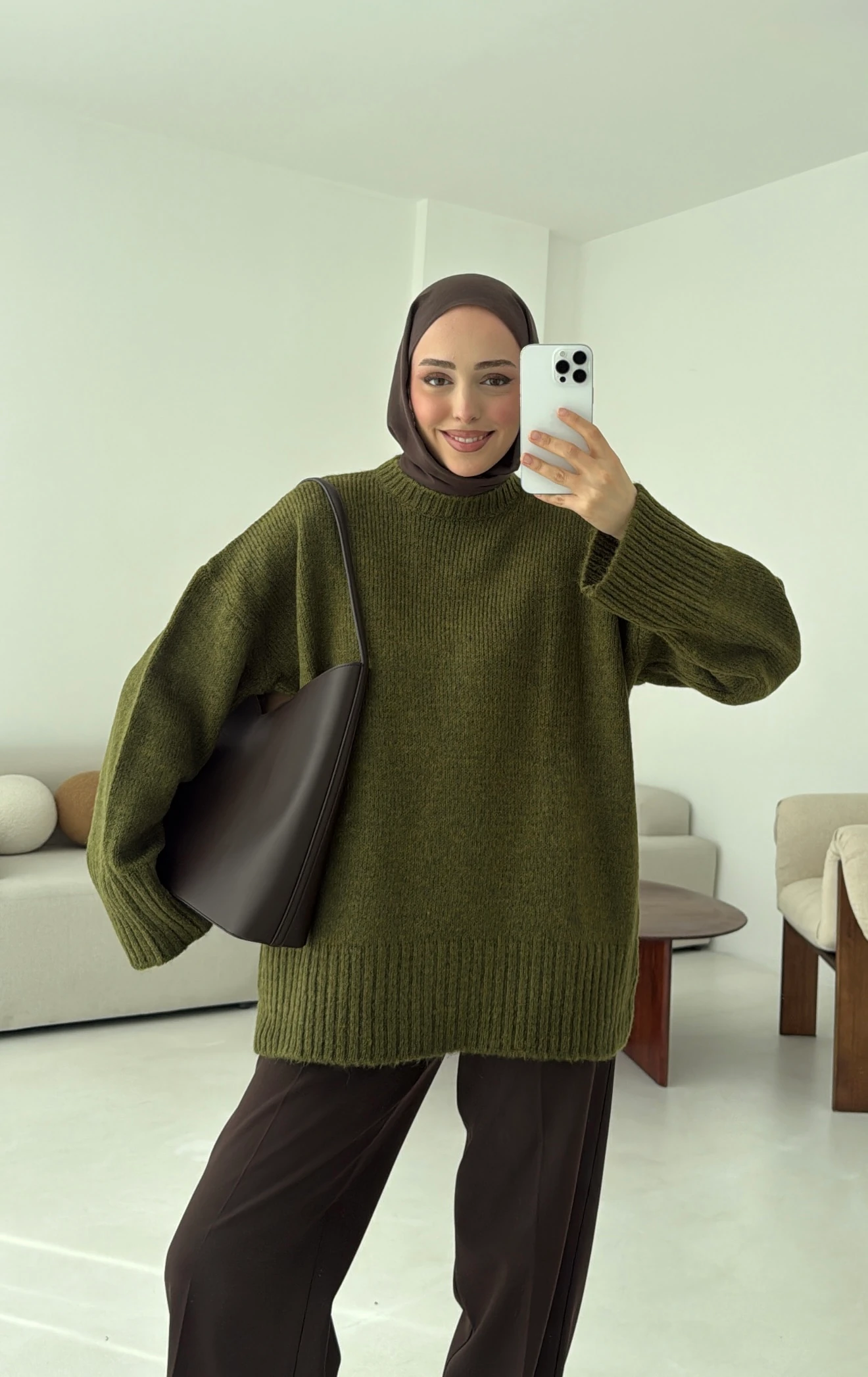 Çift Kat Triko Kazak Zeytin Yeşili