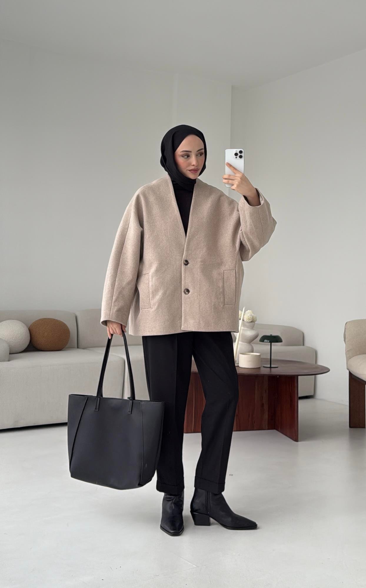 Soft Oversize Kaşe Kaban Bej