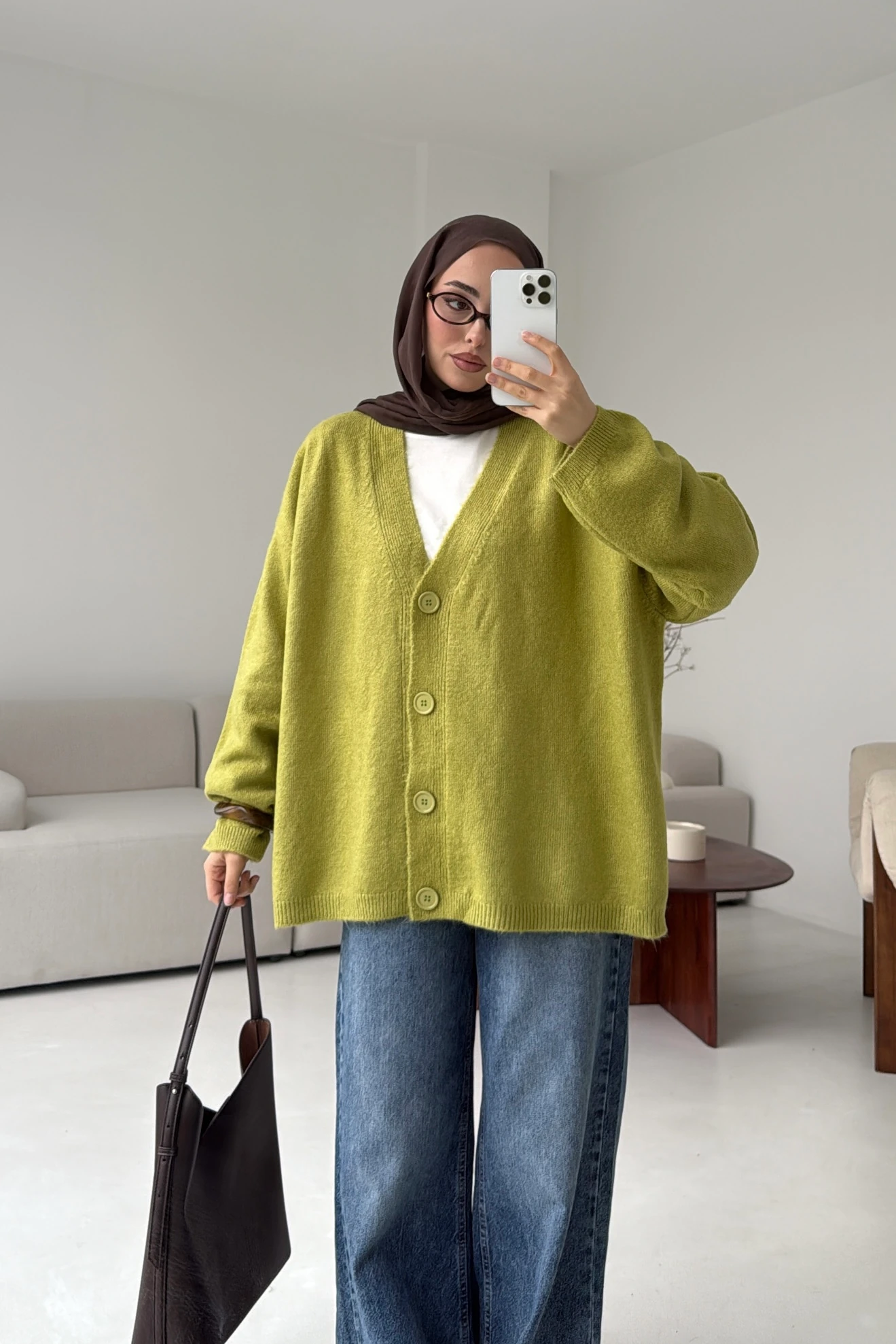 Oversize Yünlü Kazak Yağ Yeşili