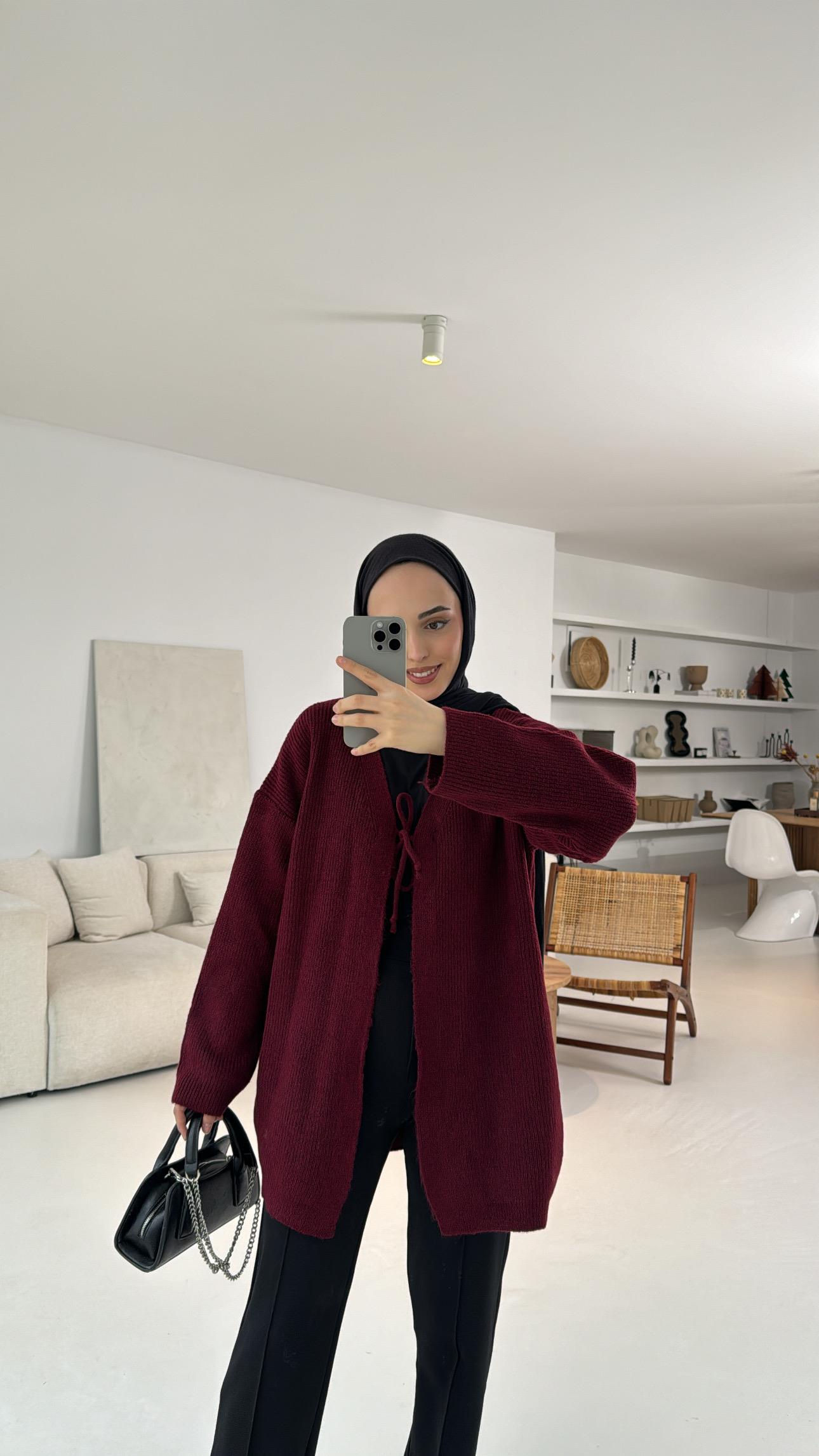 Bağlamalı Triko Hırka Bordo