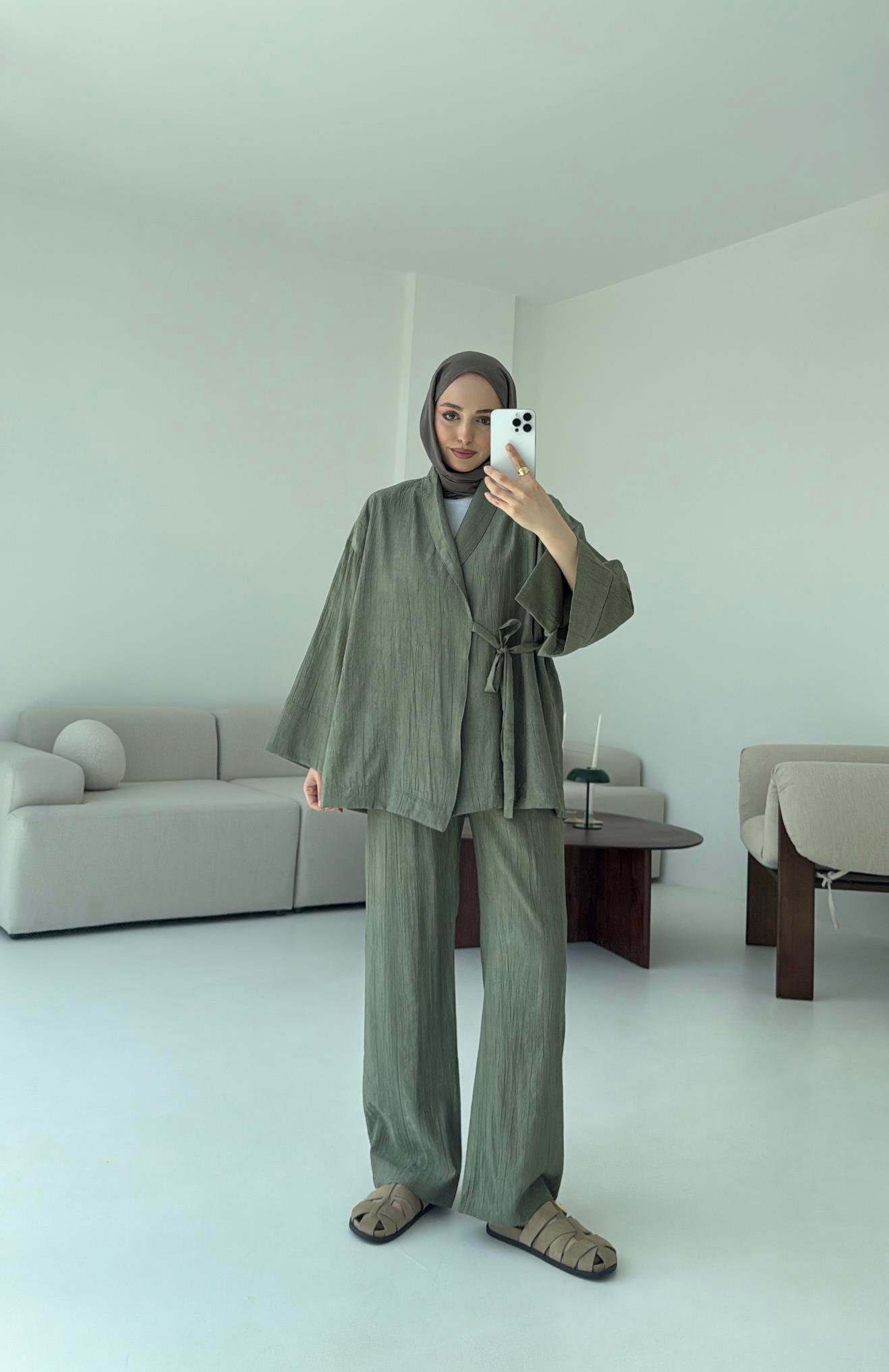 Haki Yandan Baglamalı Kimono Takım