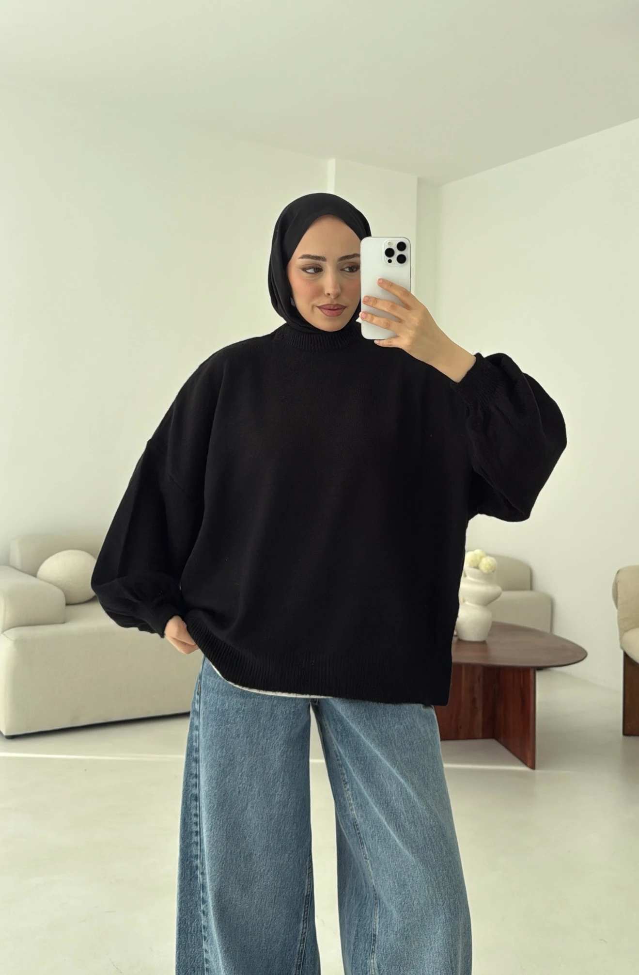 Yırtmaç Detay Balon Kol Kazak Siyah