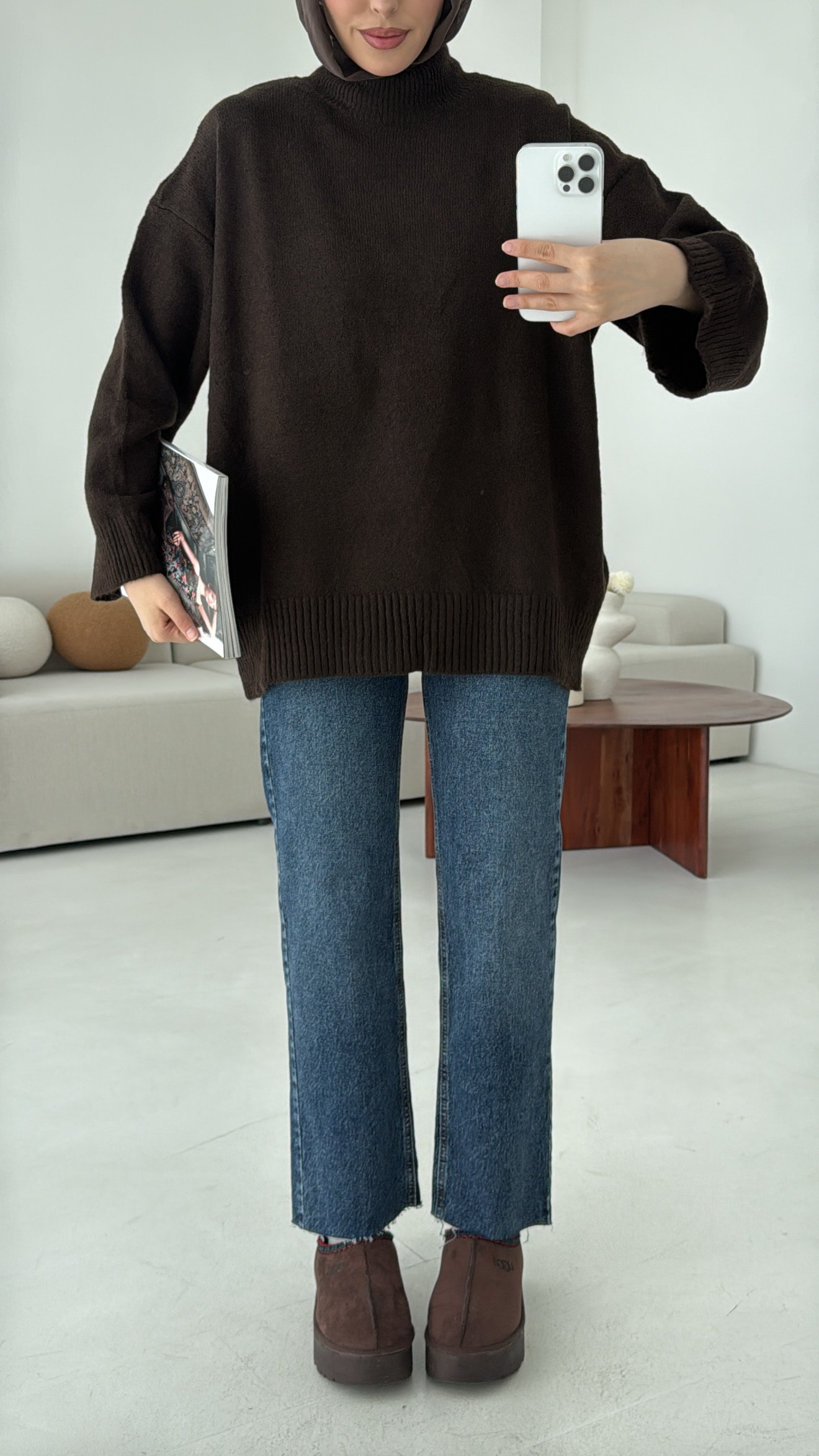 Yarım Yaka Triko Kazak Koyu Kahve