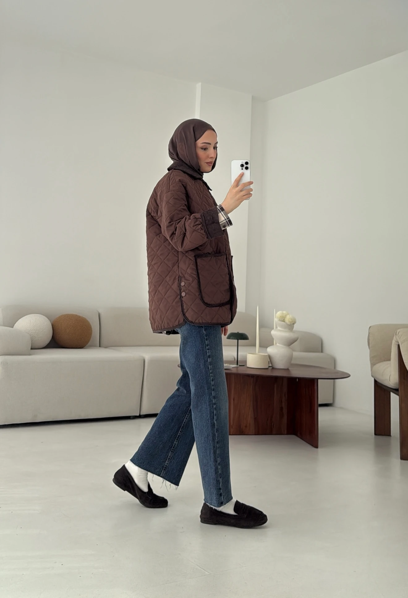 Kapitone Kadife Geçişli Ceket Kahve