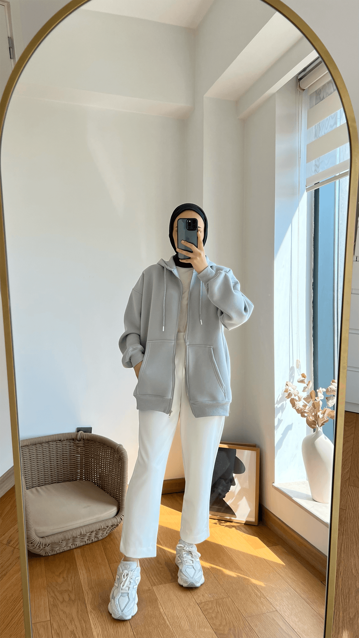 Şardonlu Kapüşonlu Sweatshirt Gri