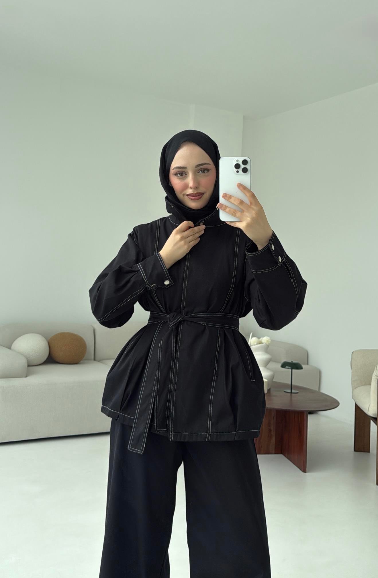Kontrast Dikişli Gabardin Takım Siyah