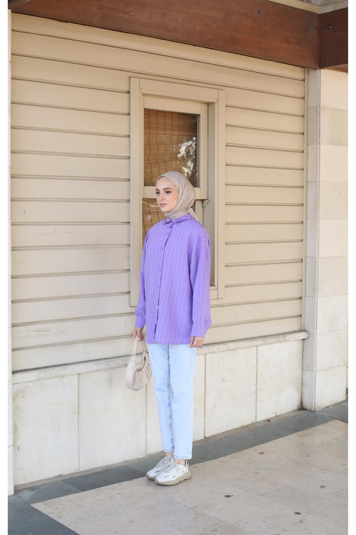 Çizgili Salaş Gömlek Mor