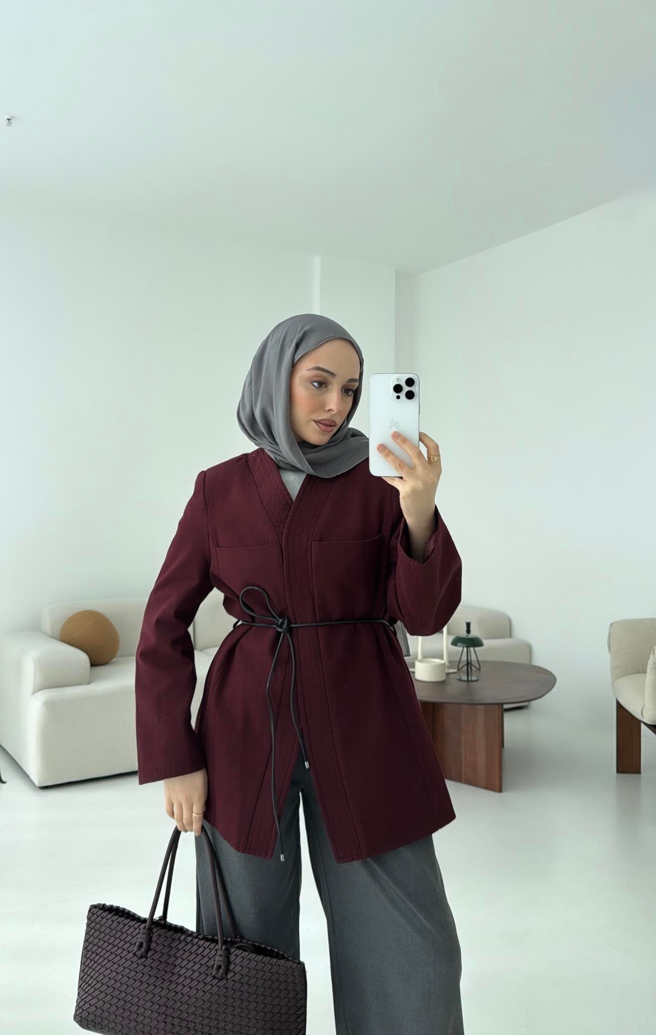 Gabardin Kemerli Ceket Bordo