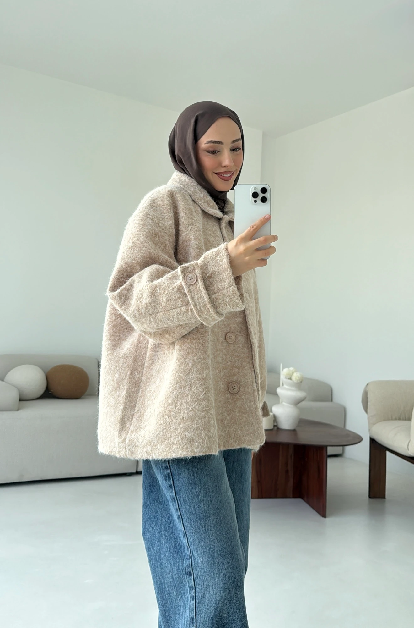 Boucle Yaka Detay Kaban Bej