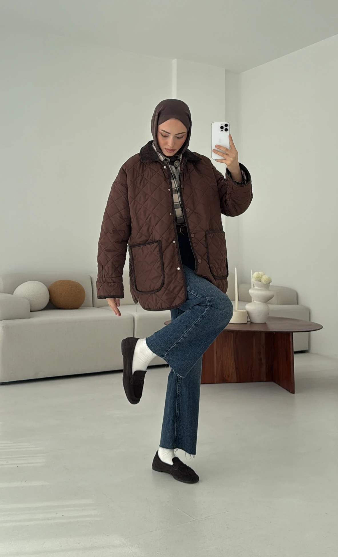 Kapitone Kadife Geçişli Ceket Kahve