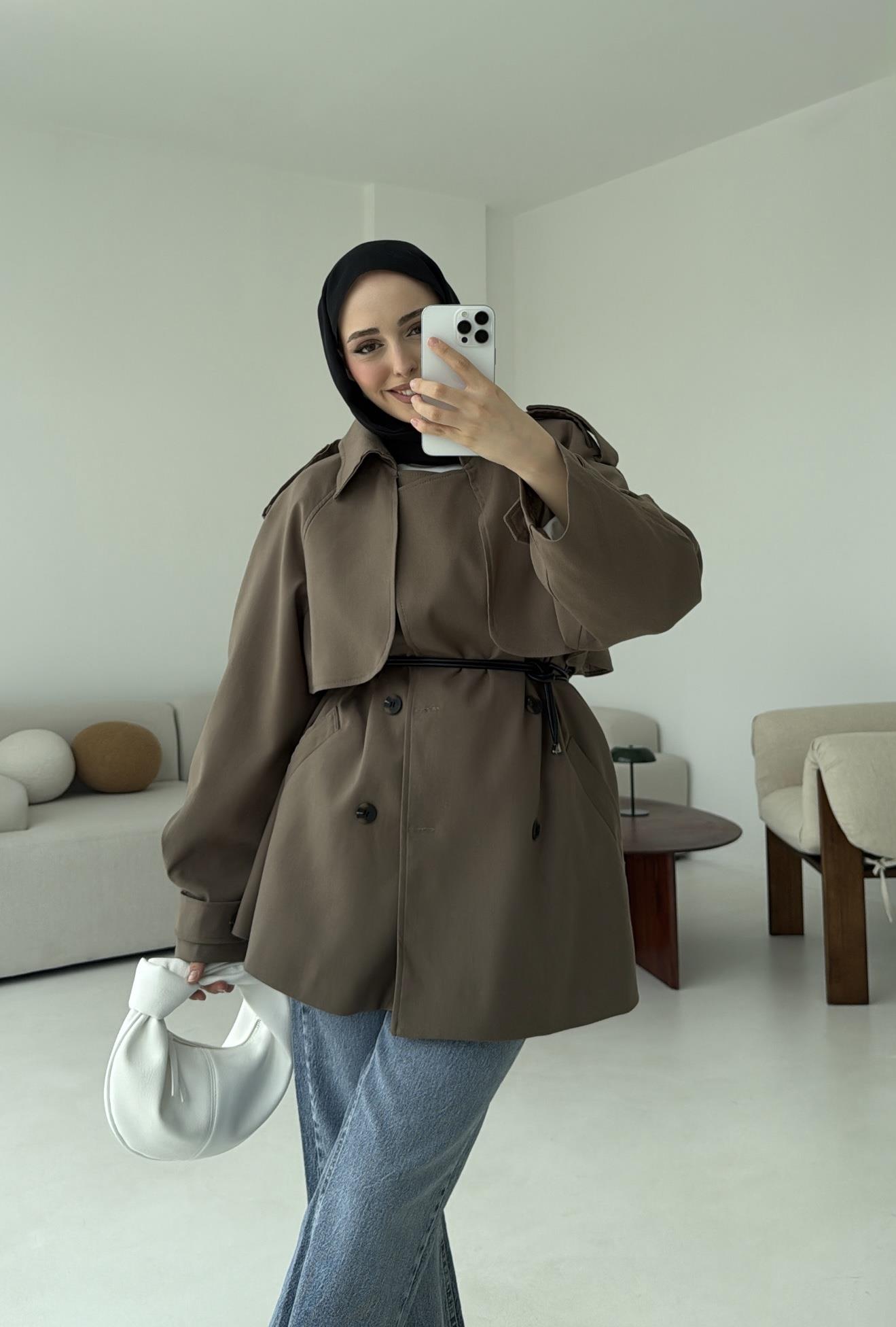 Deri Kemerli Trençkot Vizon