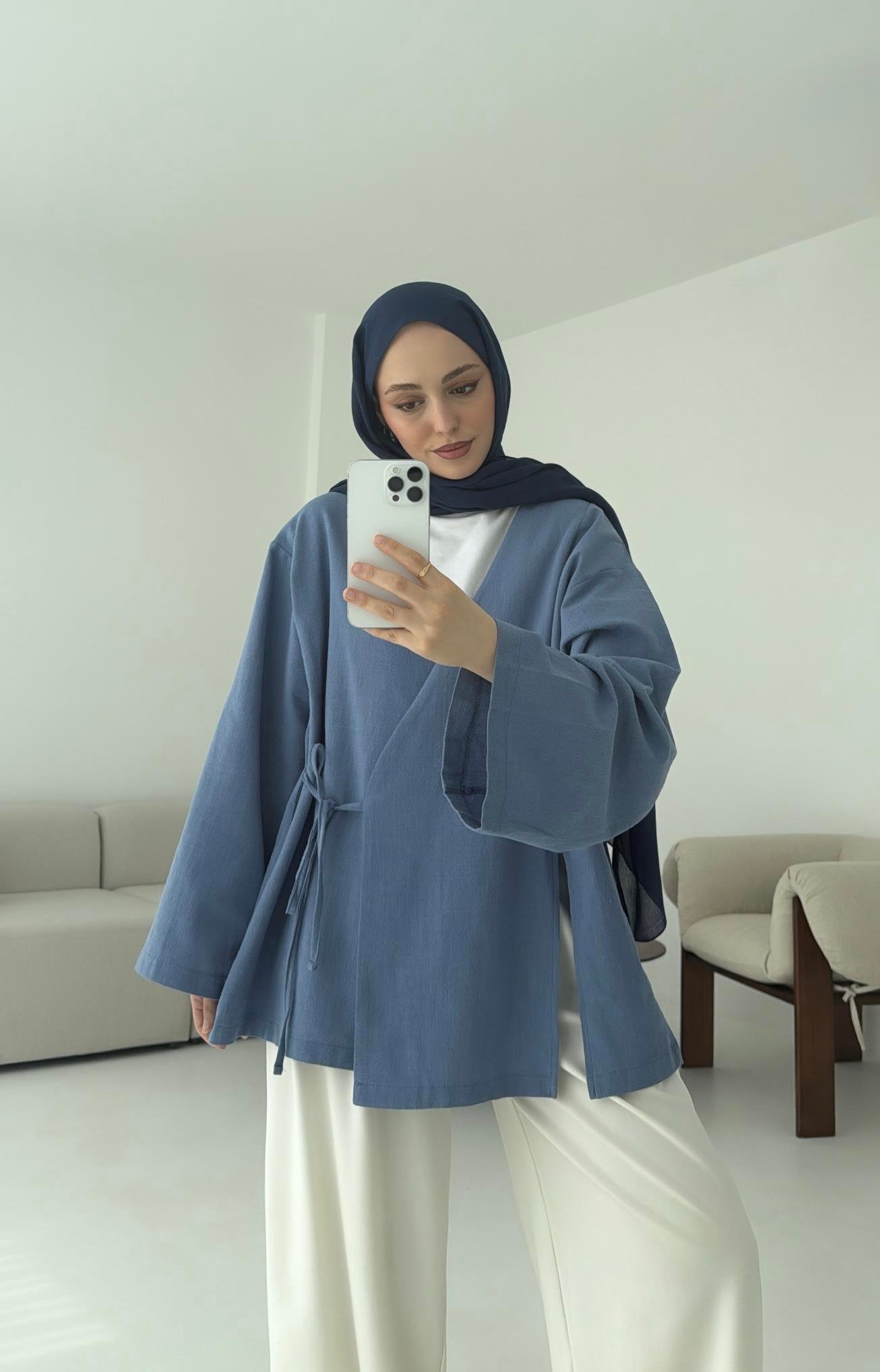 İndigo Yırtmaç Detay Keten Kimono