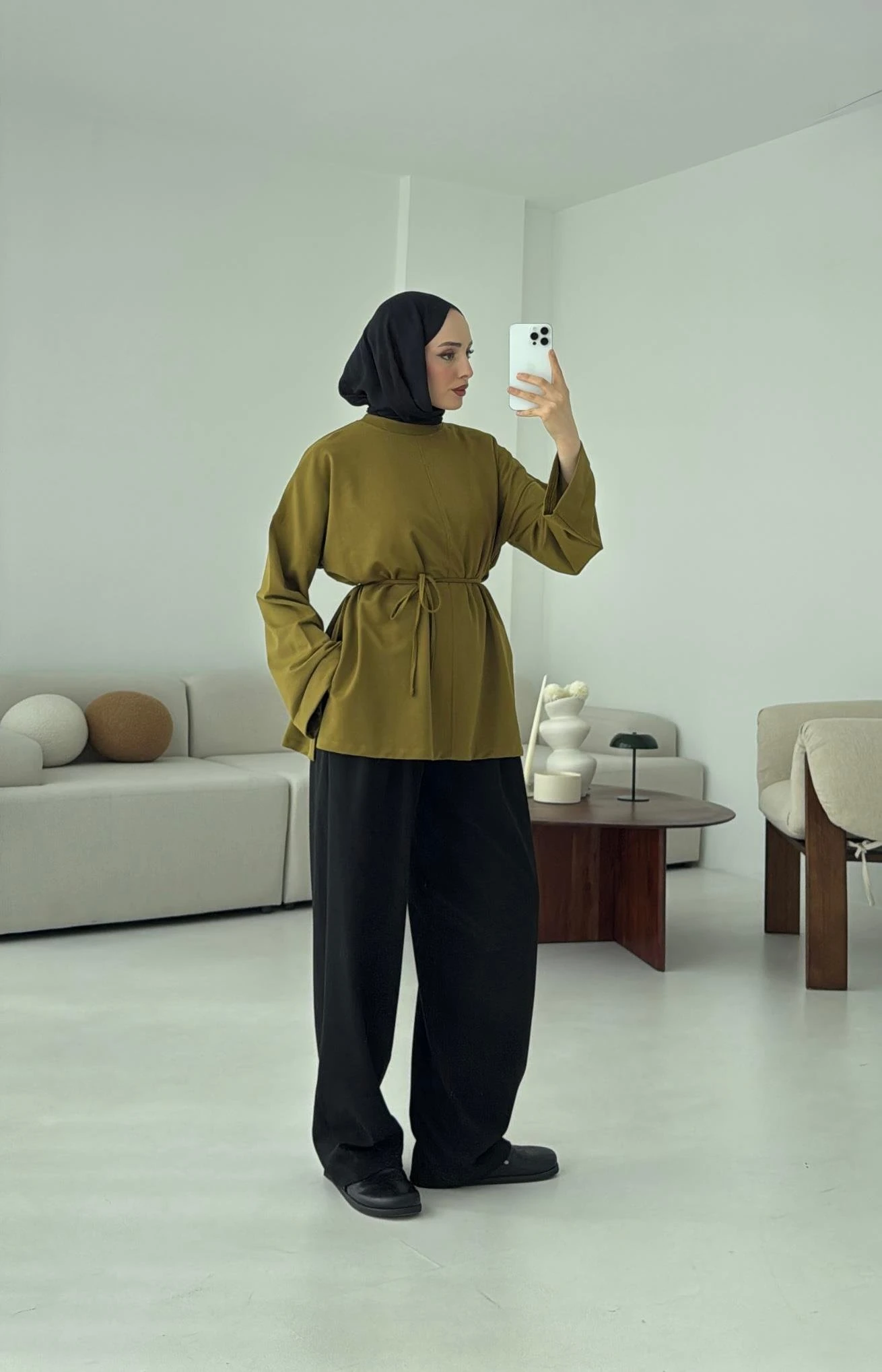 Bağlamalı Yanı Yırtmaç Detay Sweat Olive