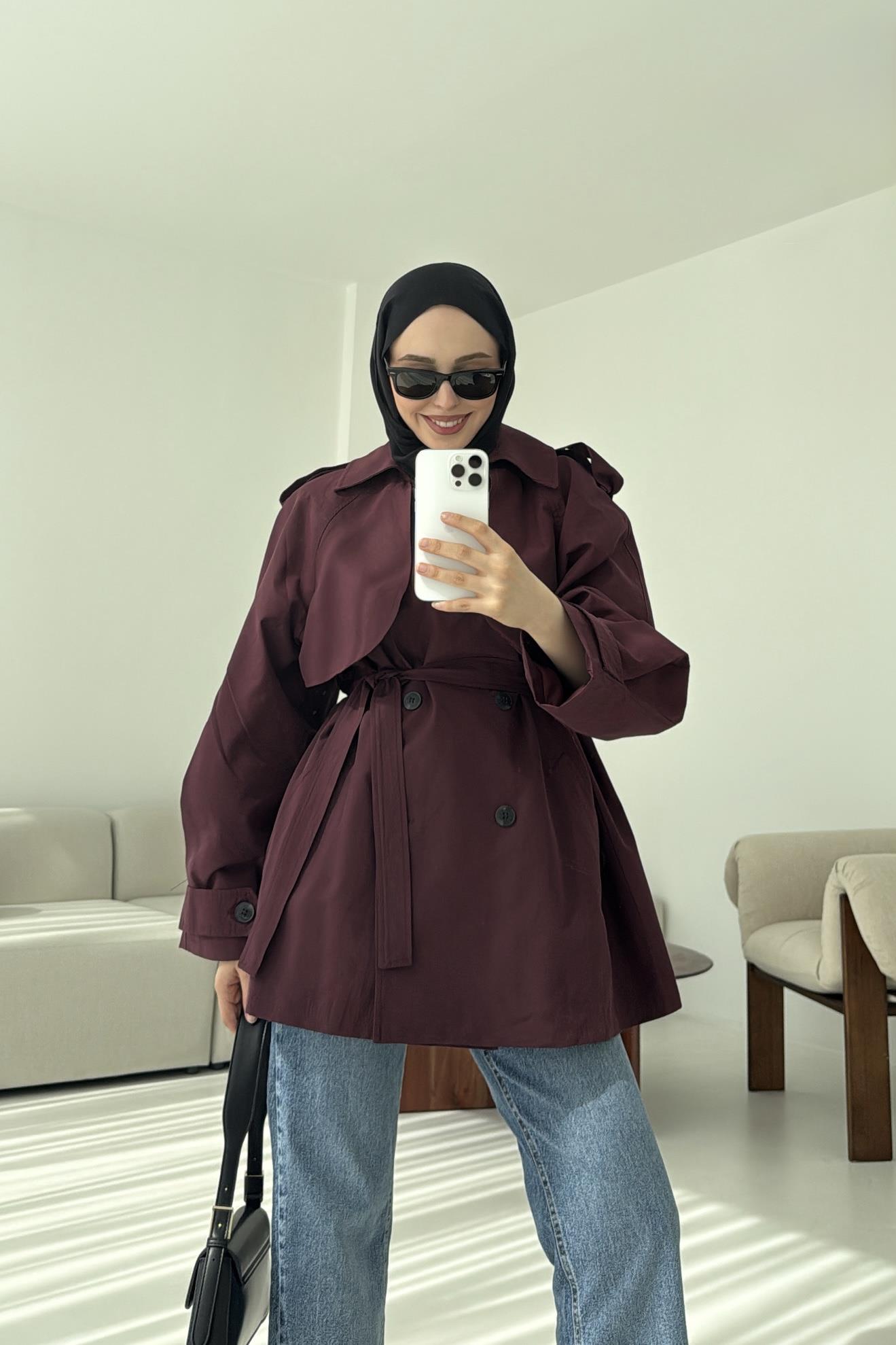 Allerli Kısa Trençkot Bordo