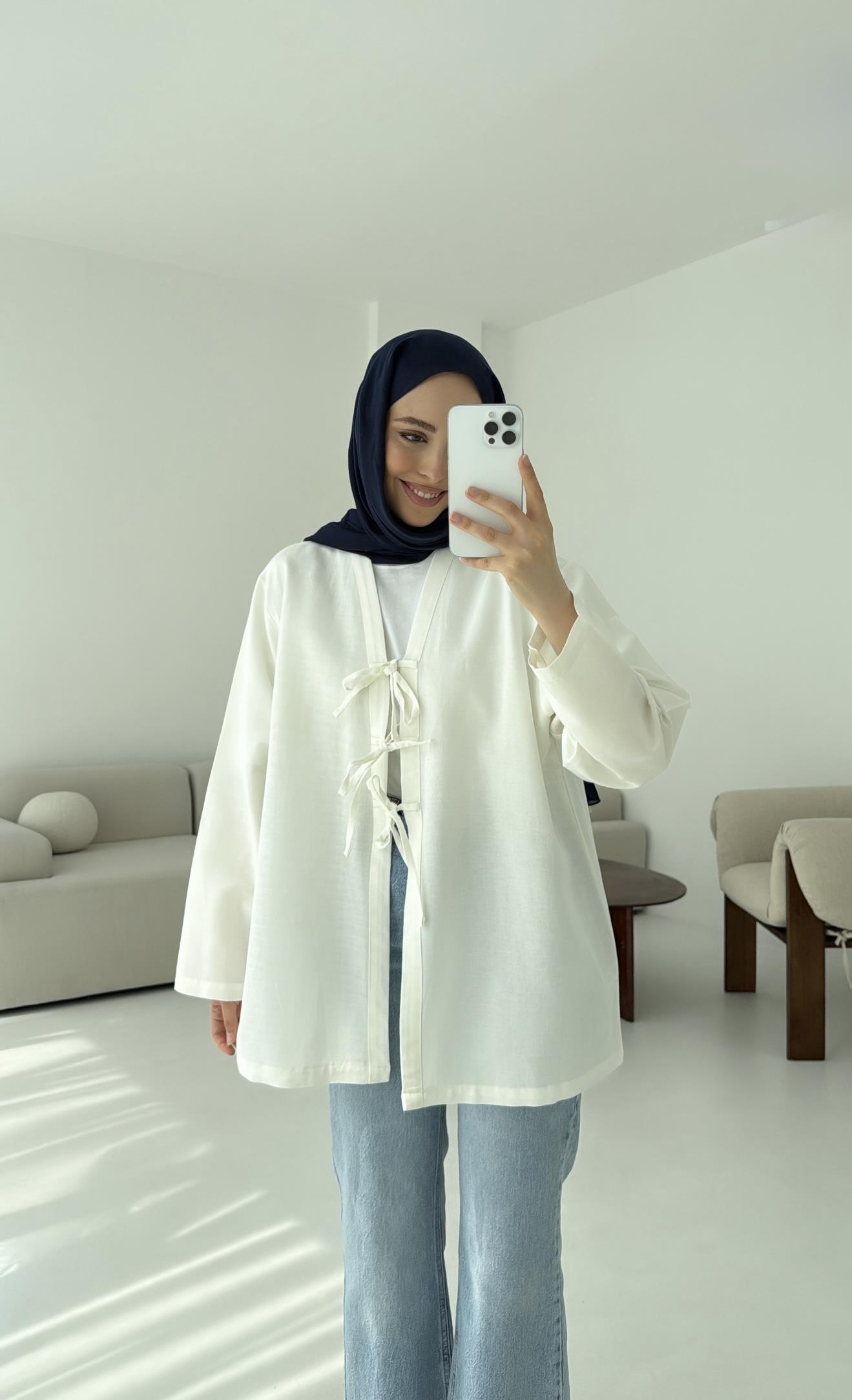 Keten Üç Bağlamalı Kimono Beyaz