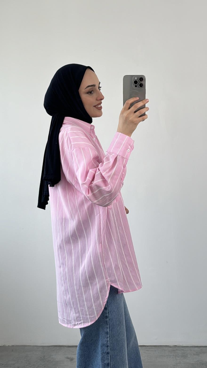 Çift Cep Çizgili Pembe Gömlek