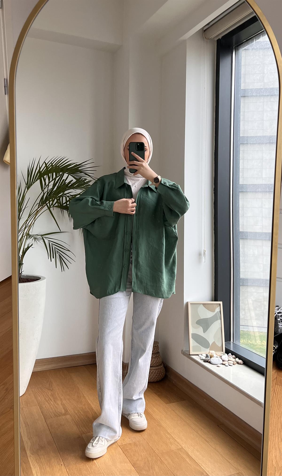 Oversize Pamuk Saten Gömlek Yeşil