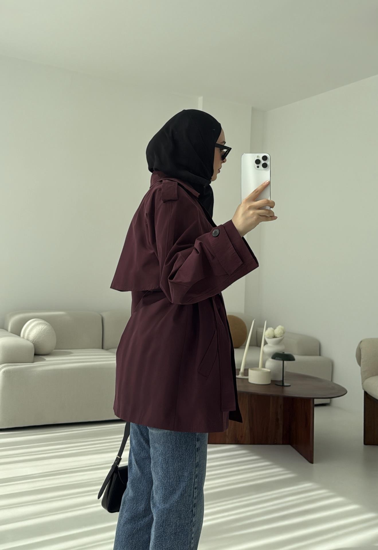 Allerli Kısa Trençkot Bordo