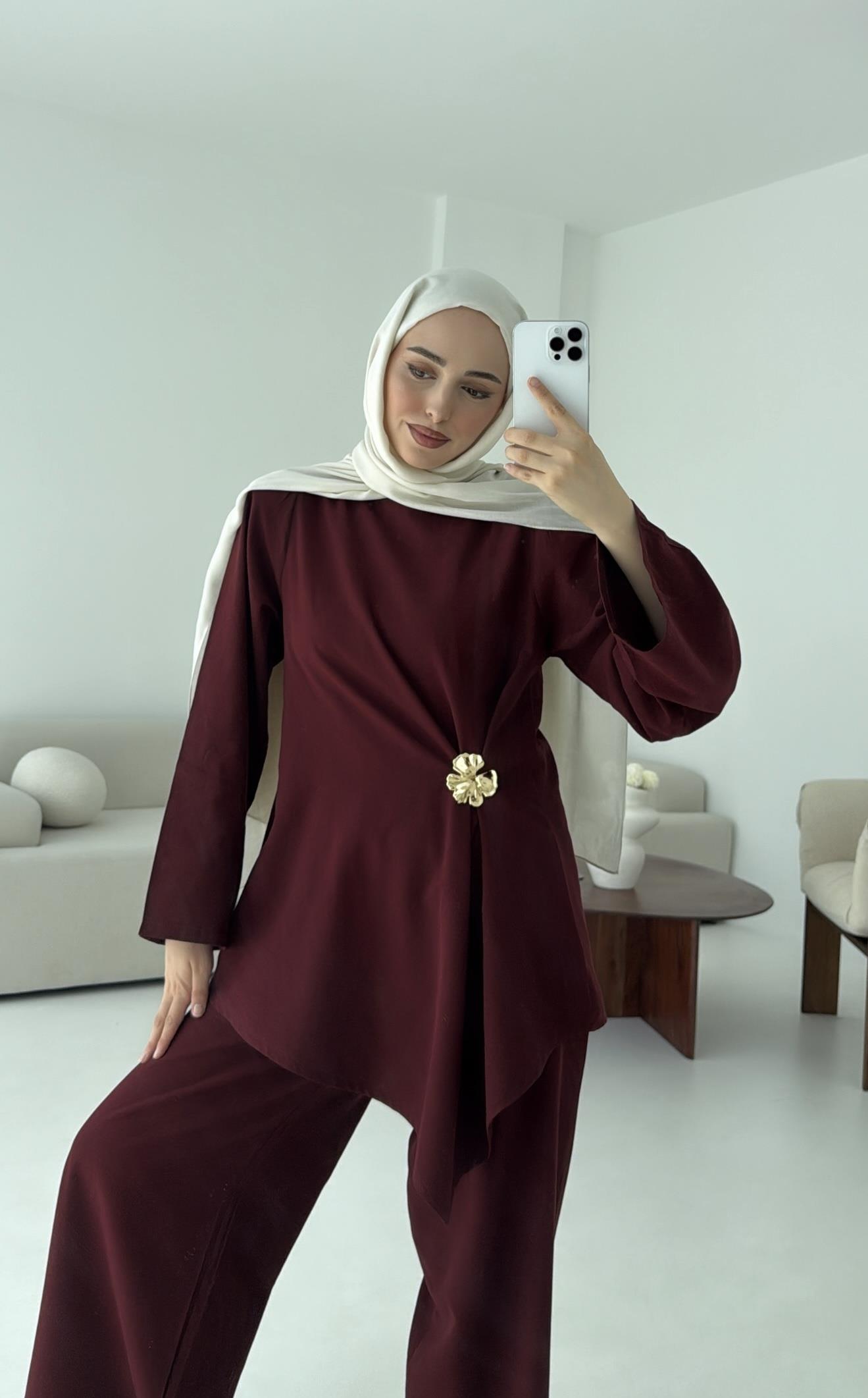 Broş Detay Bluz Takım Bordo