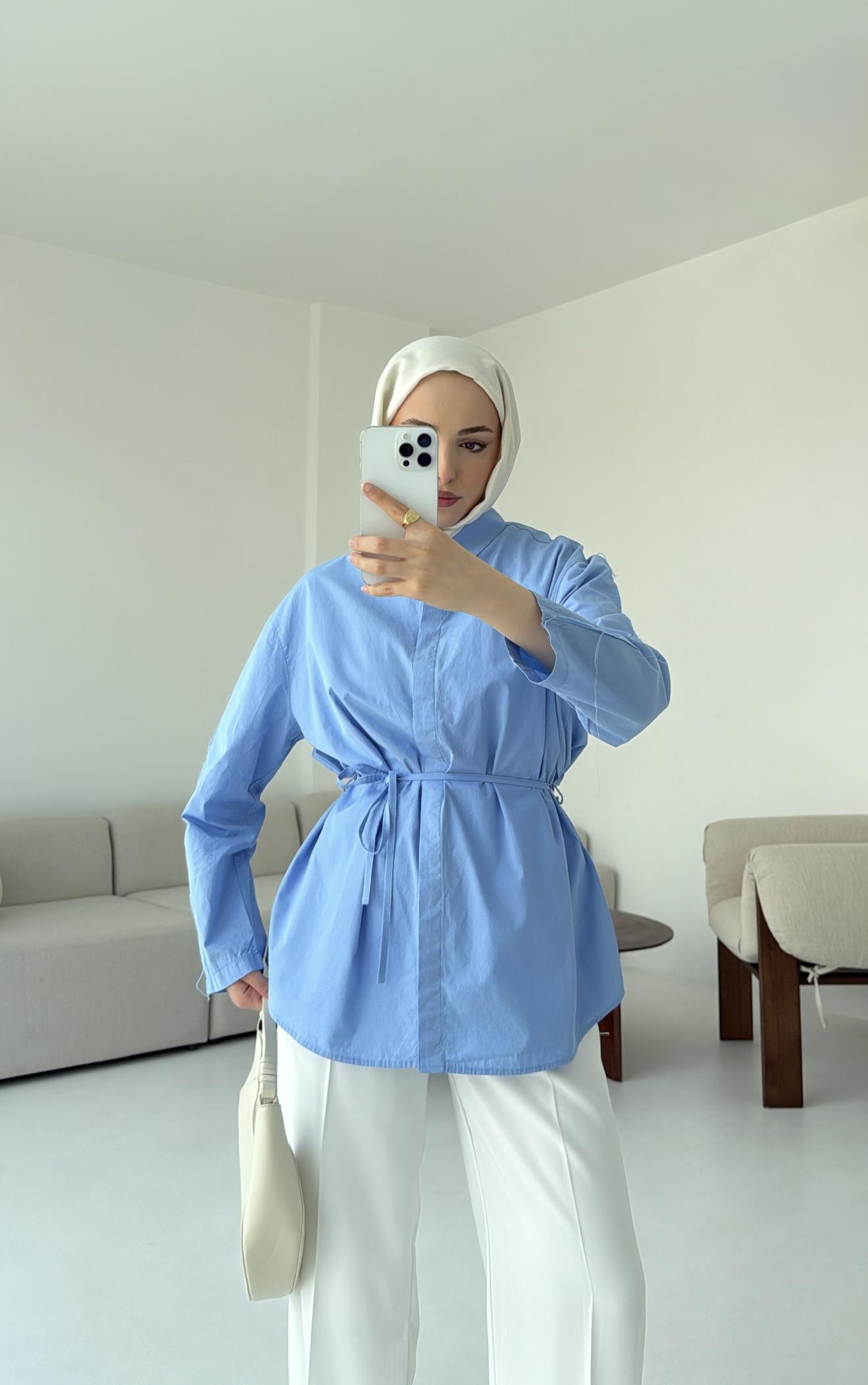Kolları Pis Dikiş Kemerli Gömlek Bebe Mavi