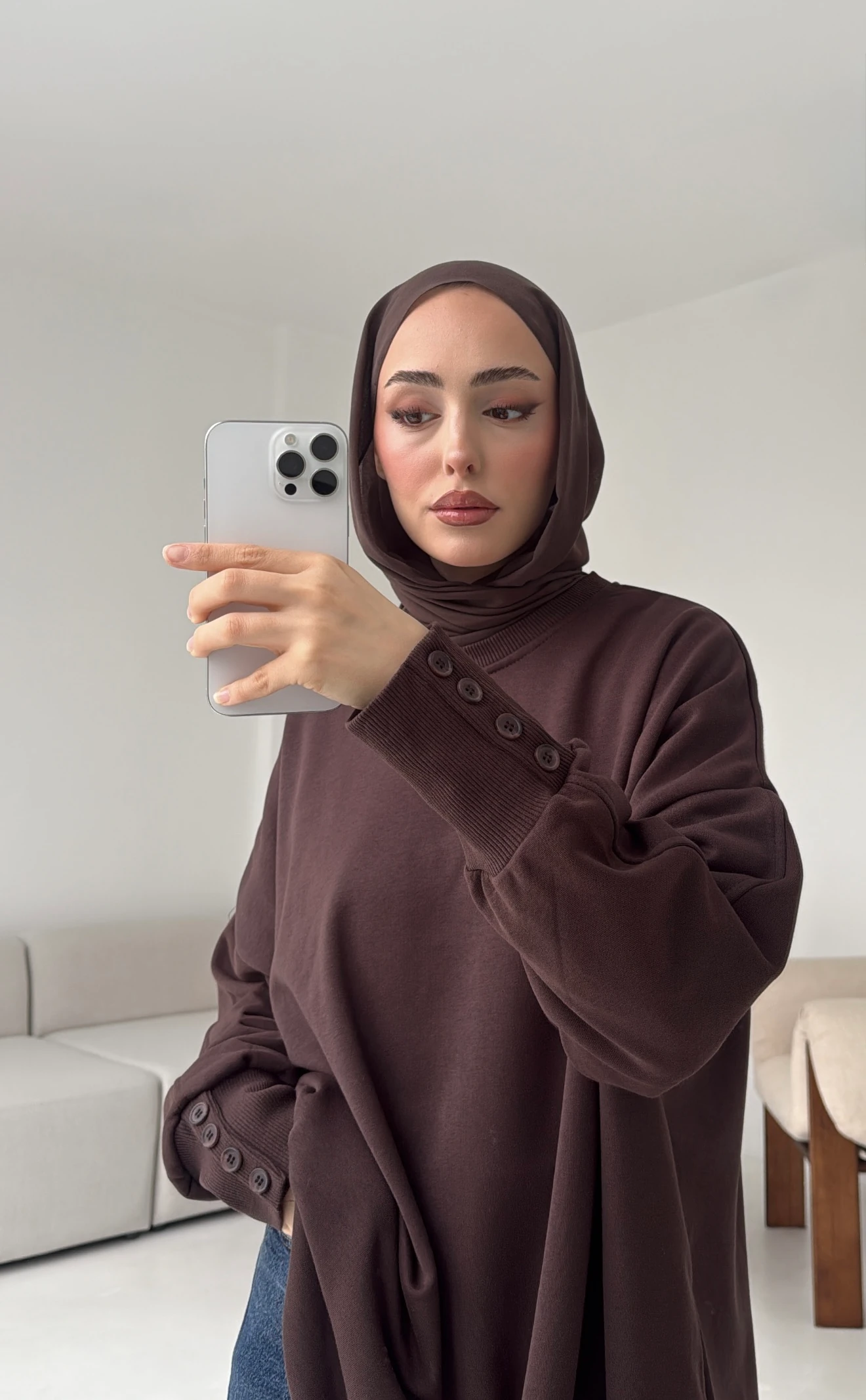 Manşeti Düğme Detay Swearshirt Kahve