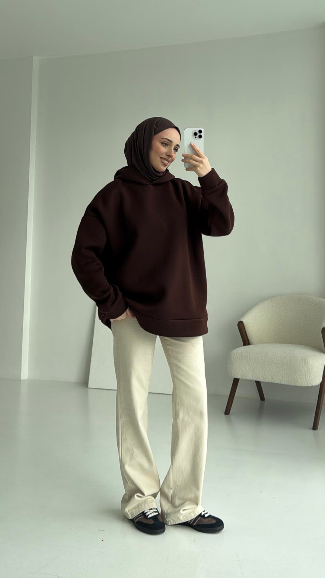 Şardonlu Oversize Kahve Sweatshirt