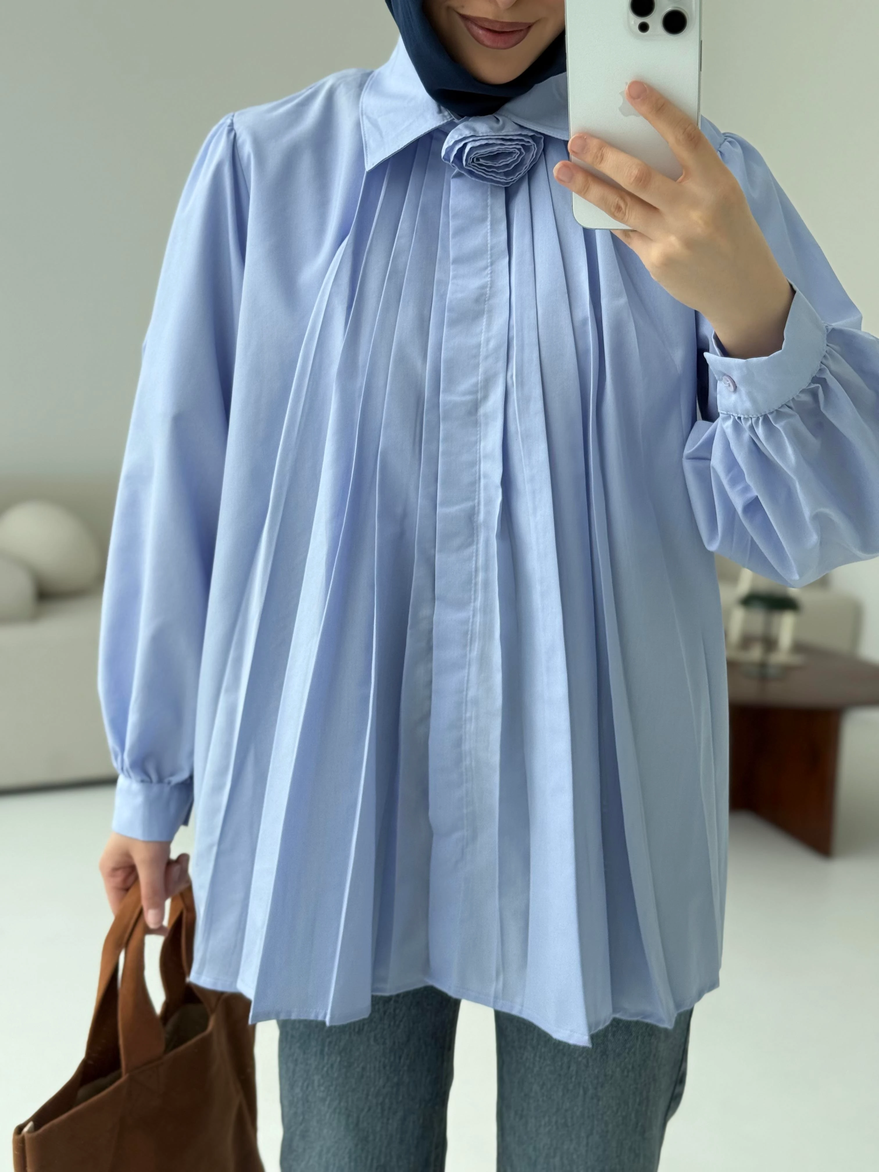 Pile Detay Gömlek Mavi