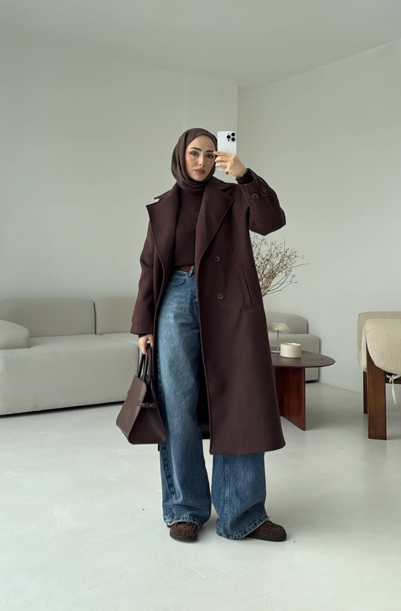 Çift Düğmeli Uzun Kaban Kahve