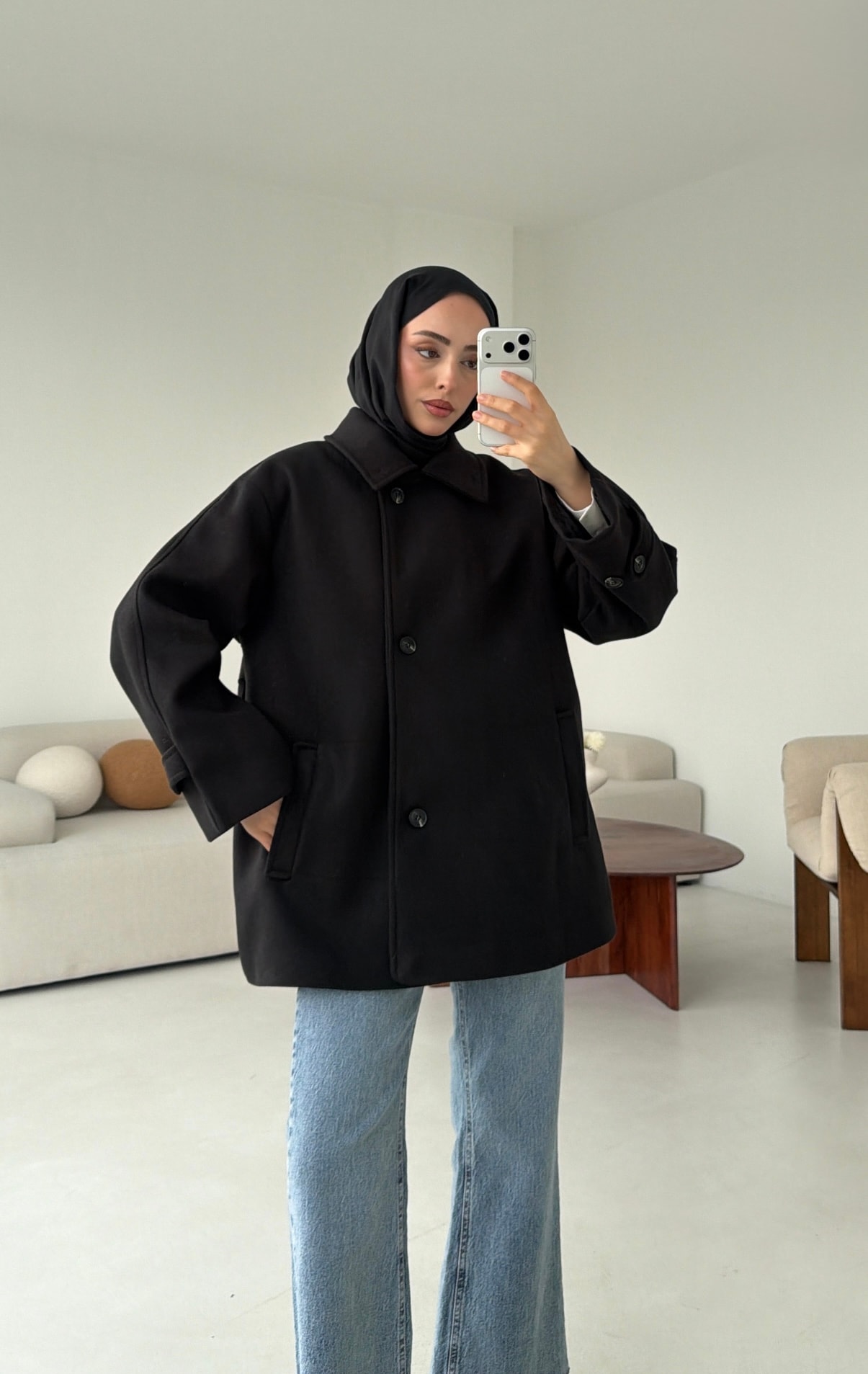 Kol Apoletli Kaşe Kaban Siyah