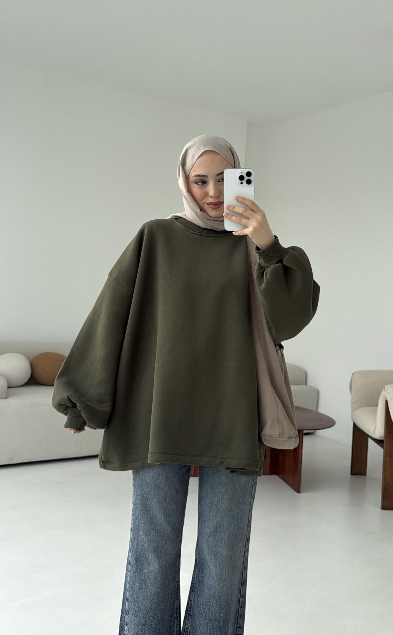 Oversize Şardonlu Sweatshirt Haki